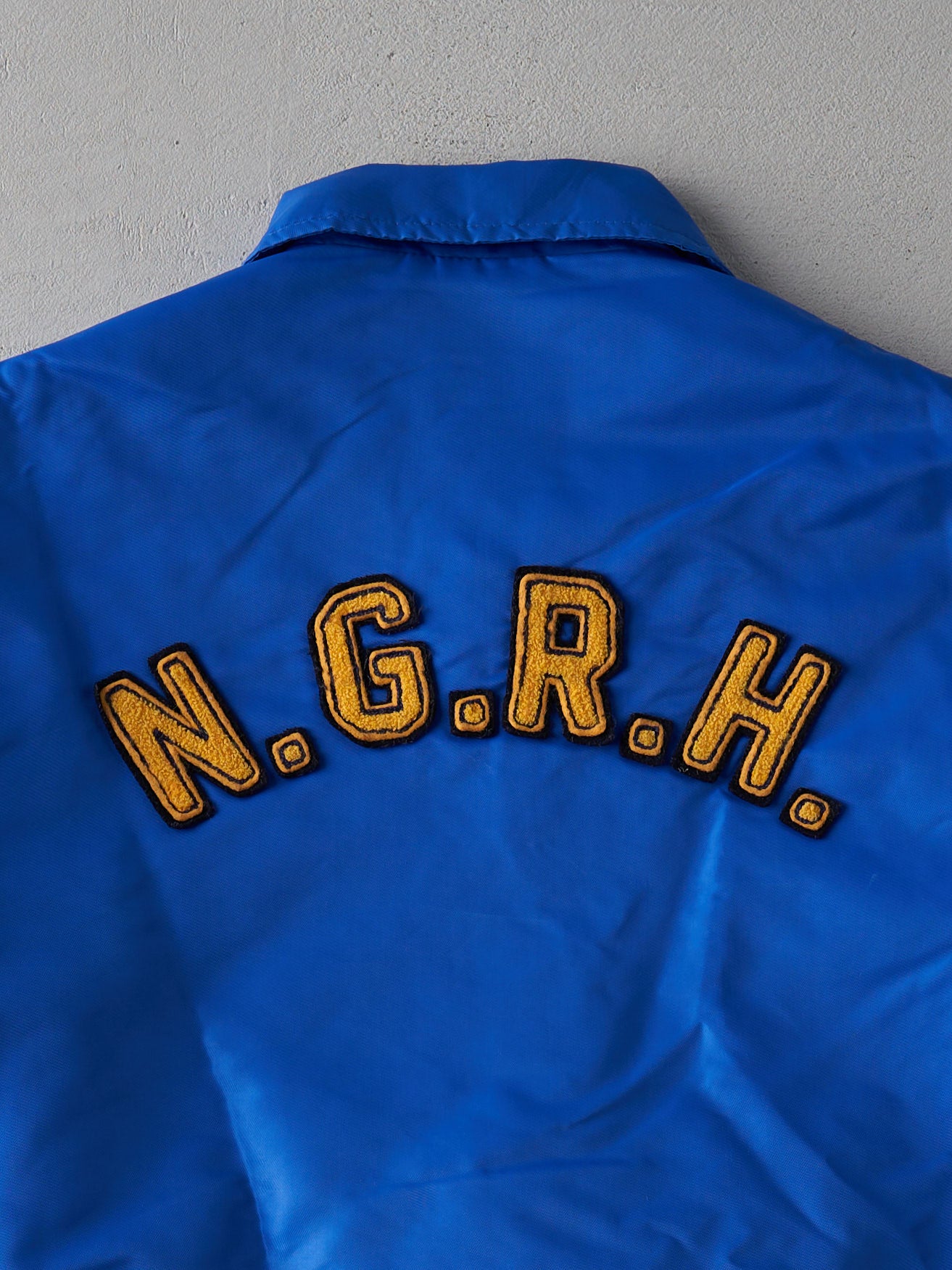 Vintage 70s Blue and Yellow Highschool Satin Varsity Bomber Jacket (M)