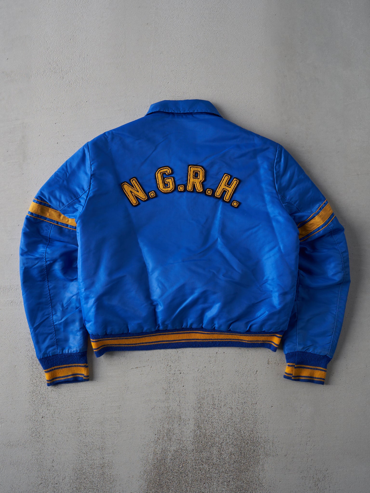 Vintage 70s Blue and Yellow Highschool Satin Varsity Bomber Jacket (M)