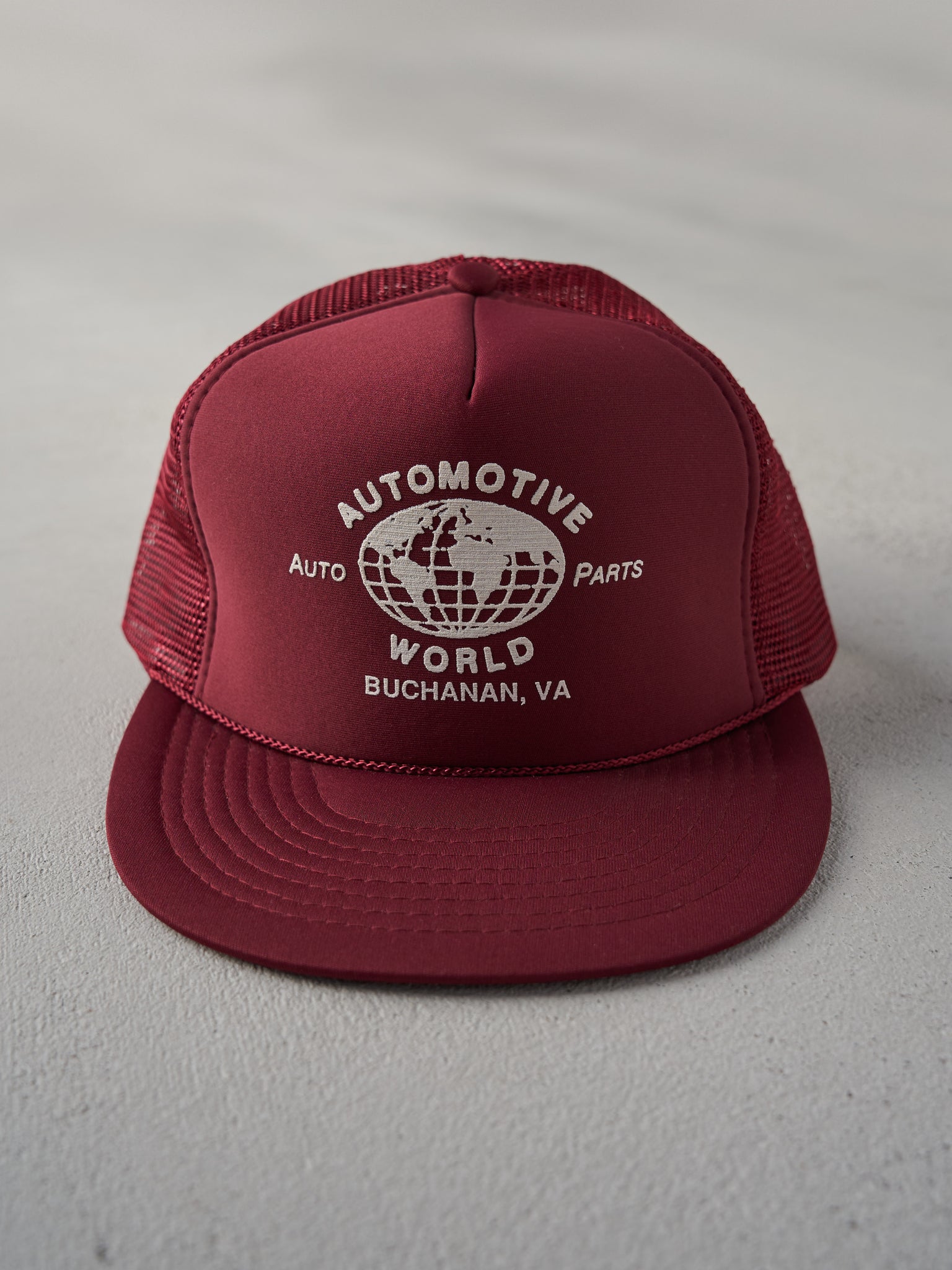 Vintage 80s Burgundy Automotive World Trucker Snapback Hat