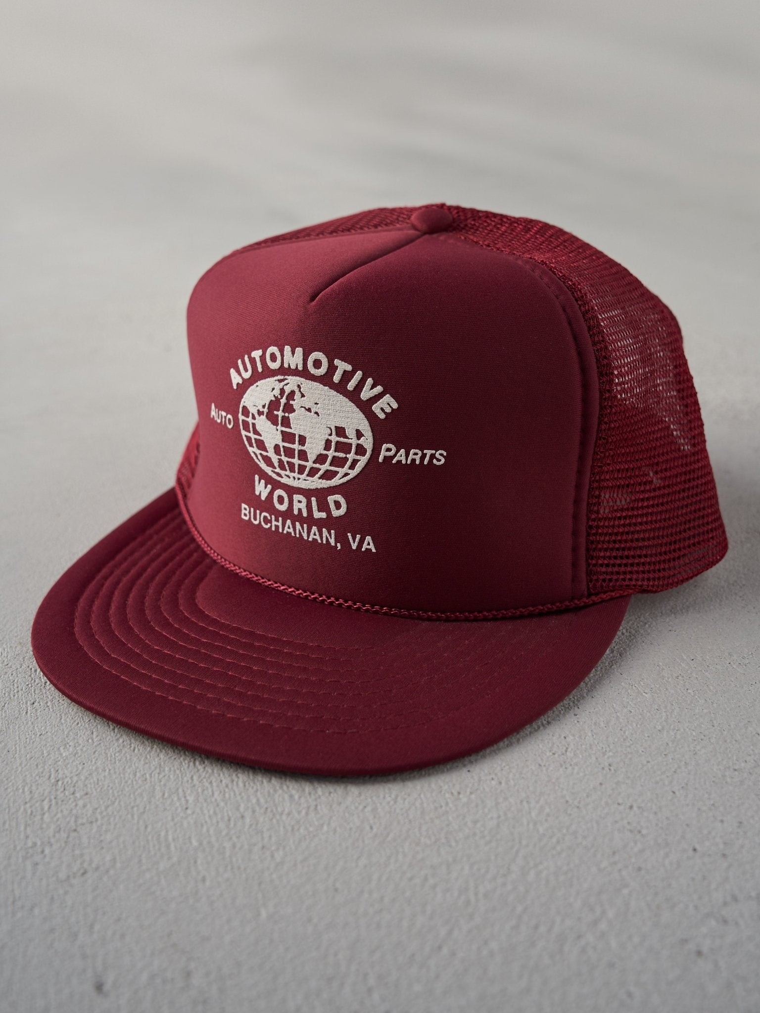 Vintage 80s Burgundy Automotive World Trucker Snapback Hat