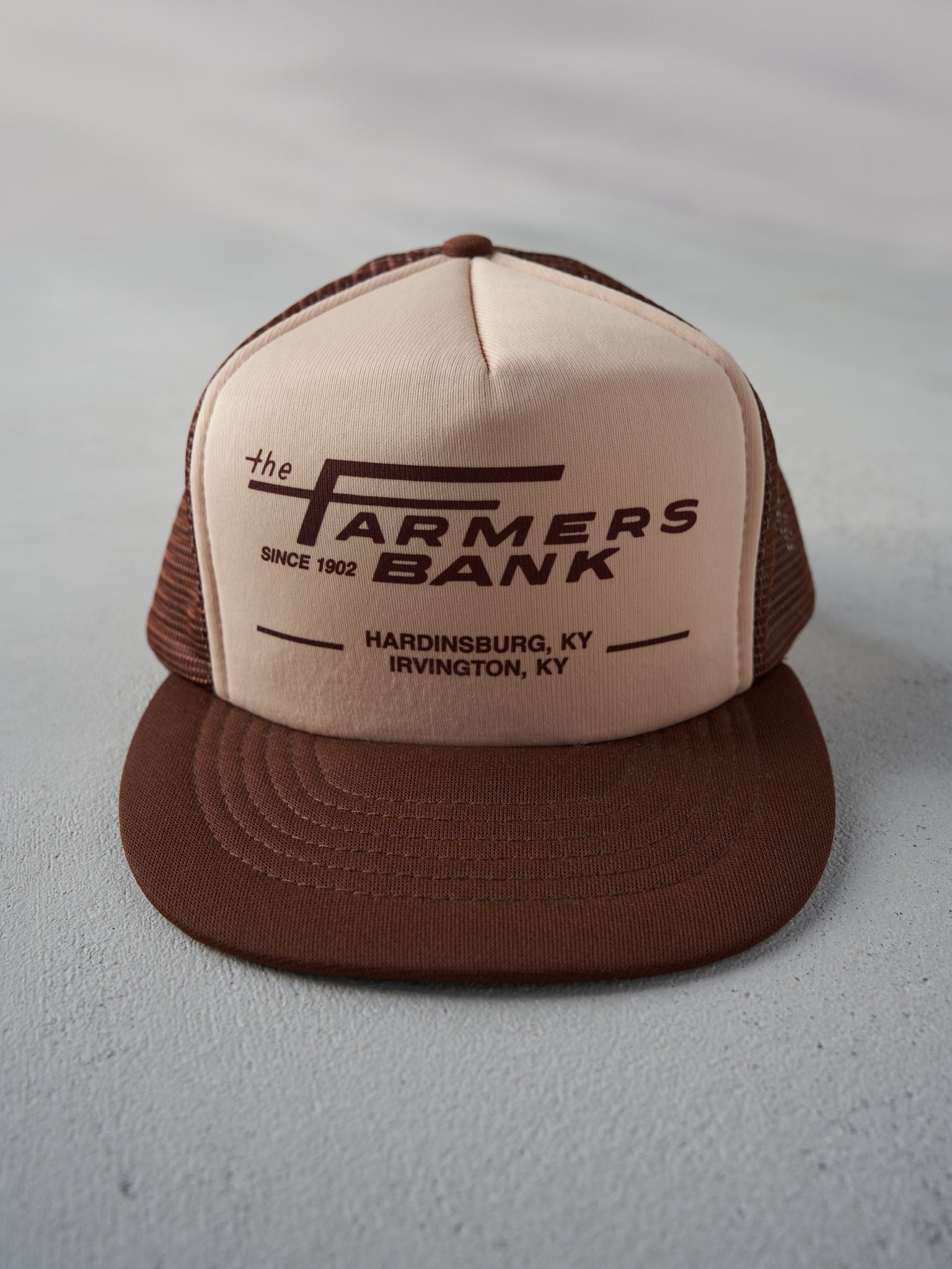 Vintage 80s Chocolate Brown Farmers Bank Trucker Snapback Hat