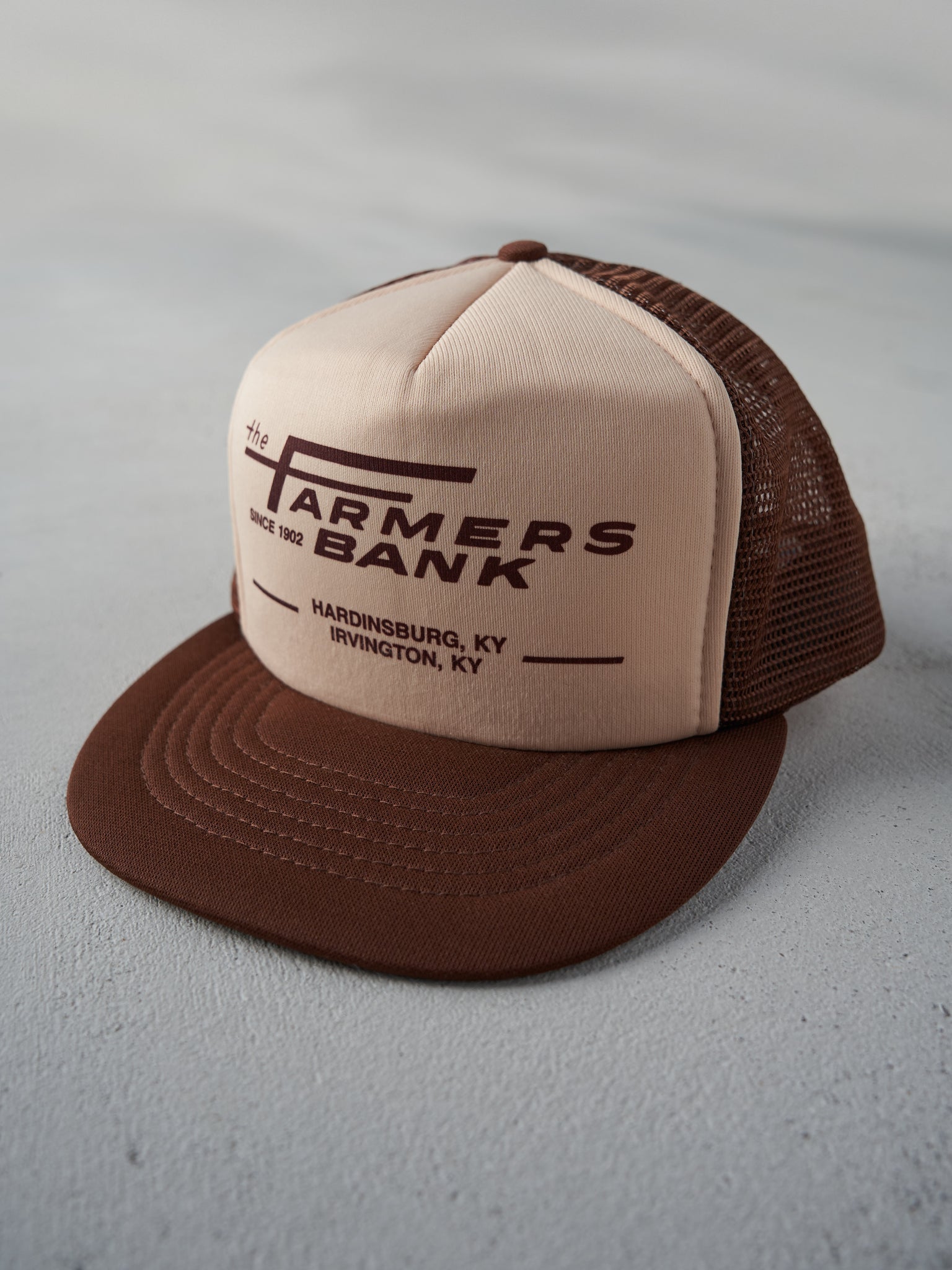 Vintage 80s Chocolate Brown Farmers Bank Trucker Snapback Hat