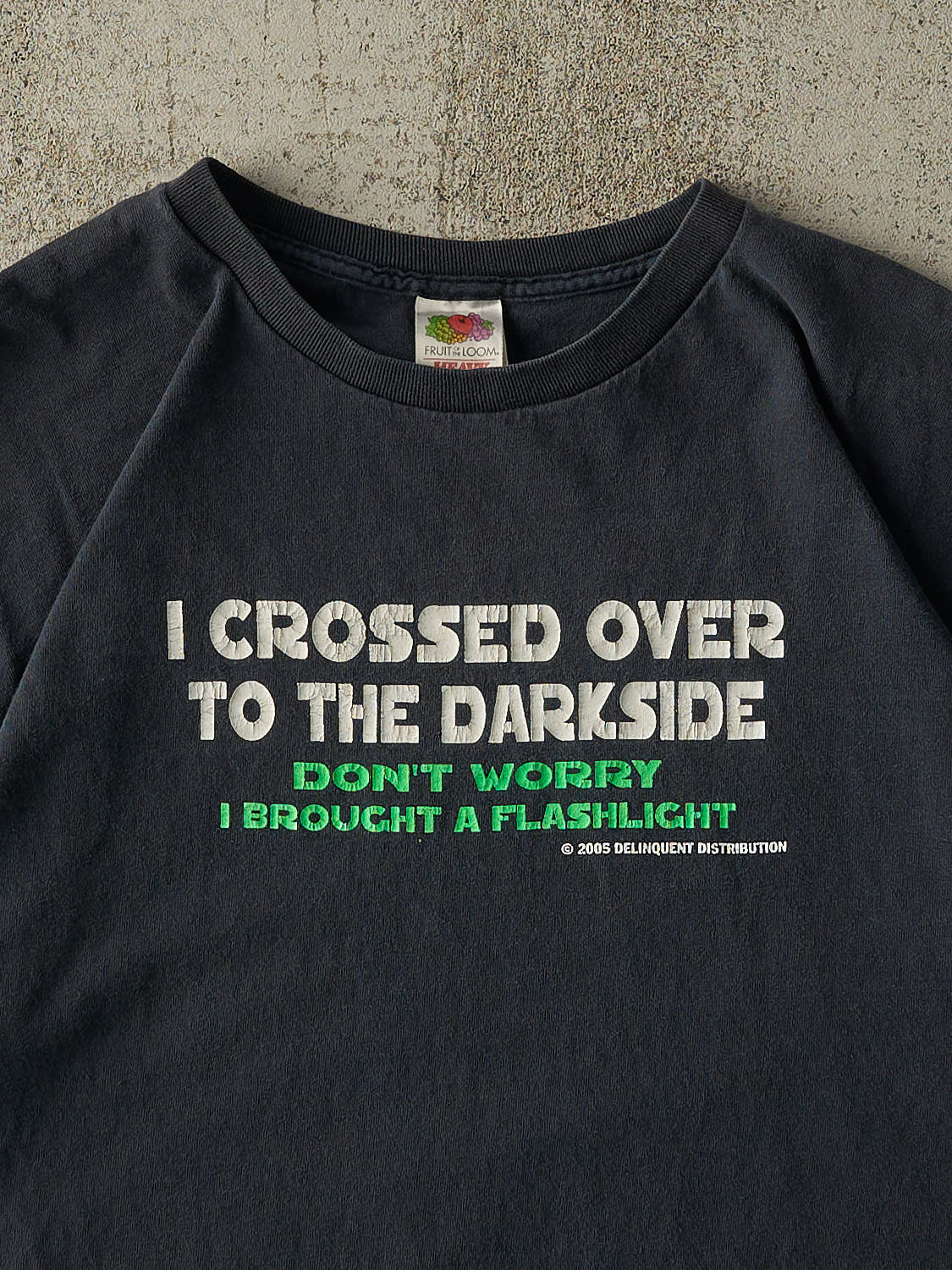 Vintage 05' Faded Black "Brought A Flashlight" Slogan Tee (XL/XXL)