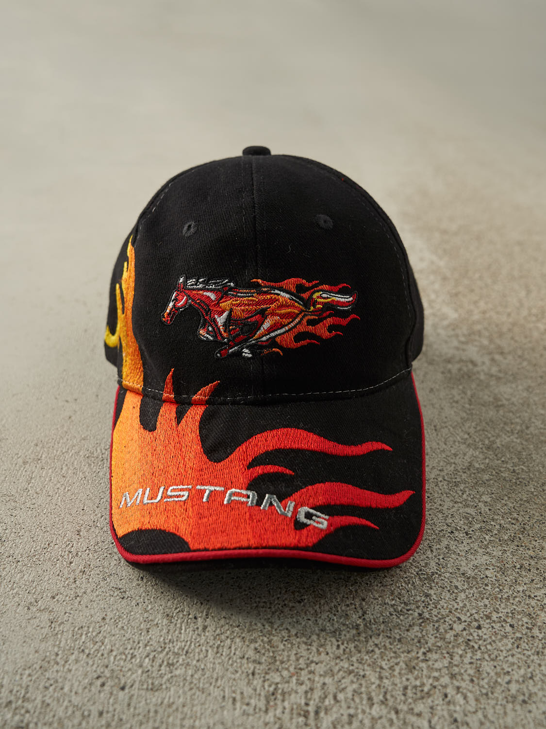 Vintage Y2K Black Embroidered Ford Mustang Flames Velcro Hat