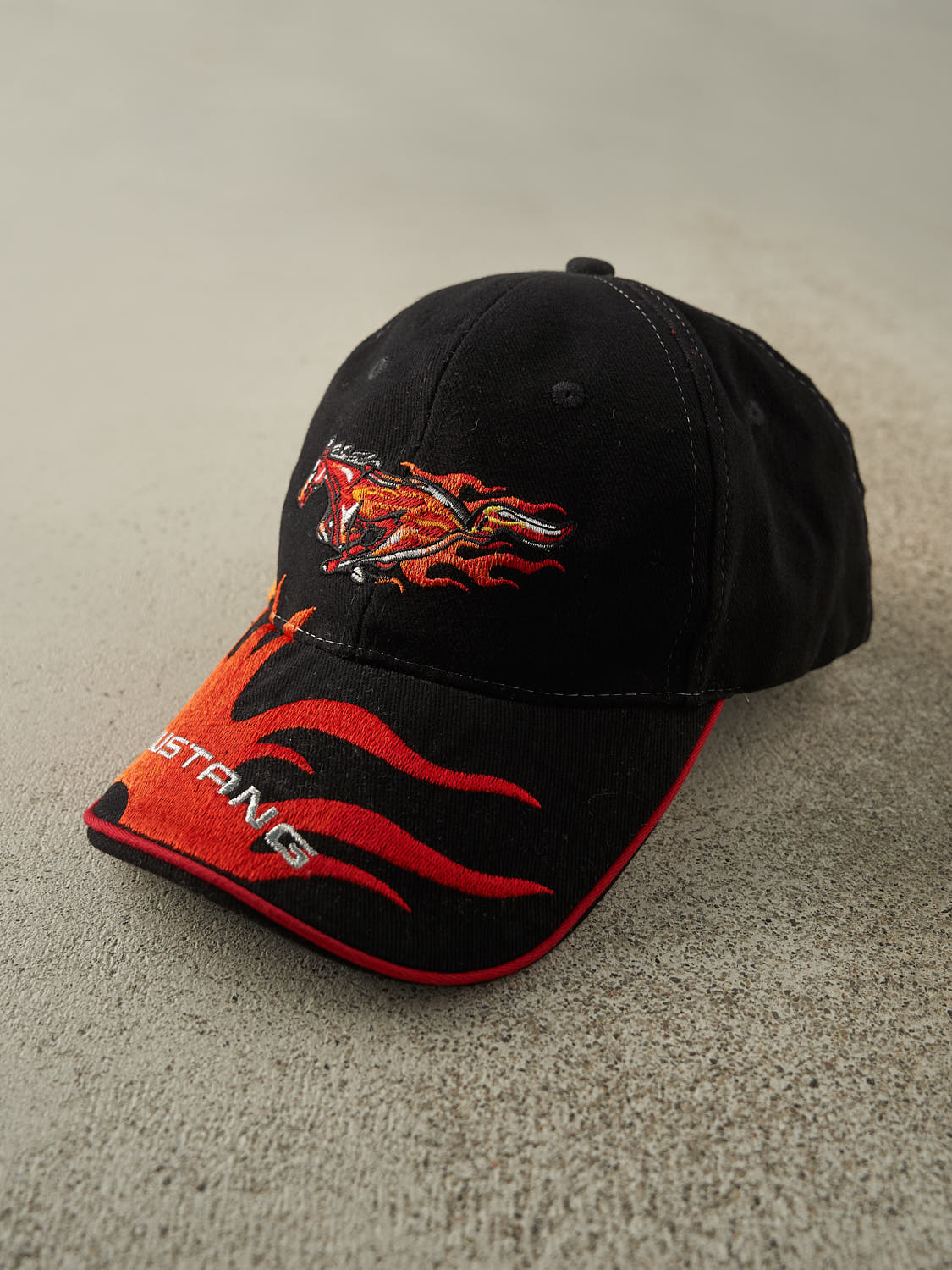 Vintage Y2K Black Embroidered Ford Mustang Flames Velcro Hat