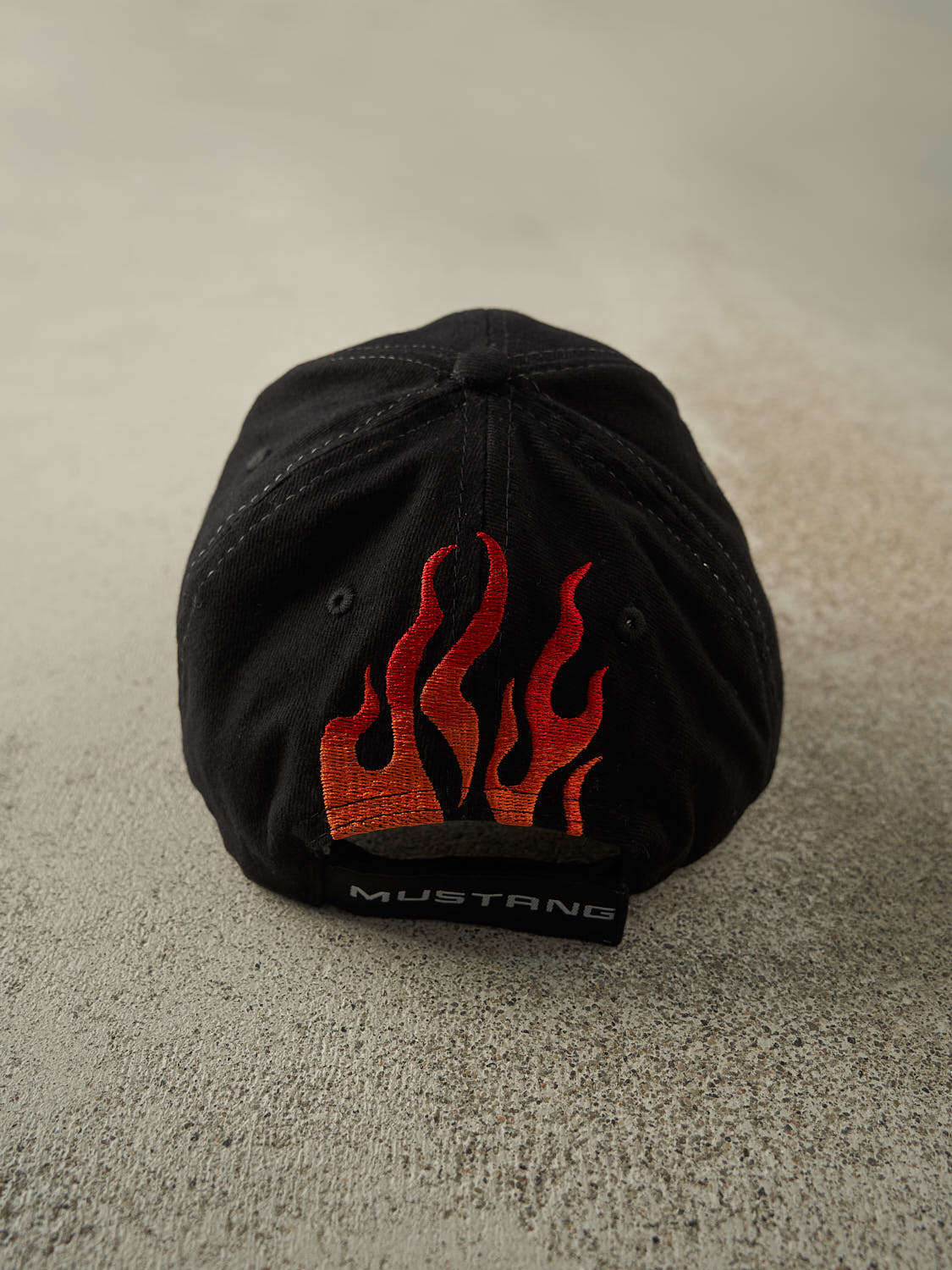 Vintage Y2K Black Embroidered Ford Mustang Flames Velcro Hat