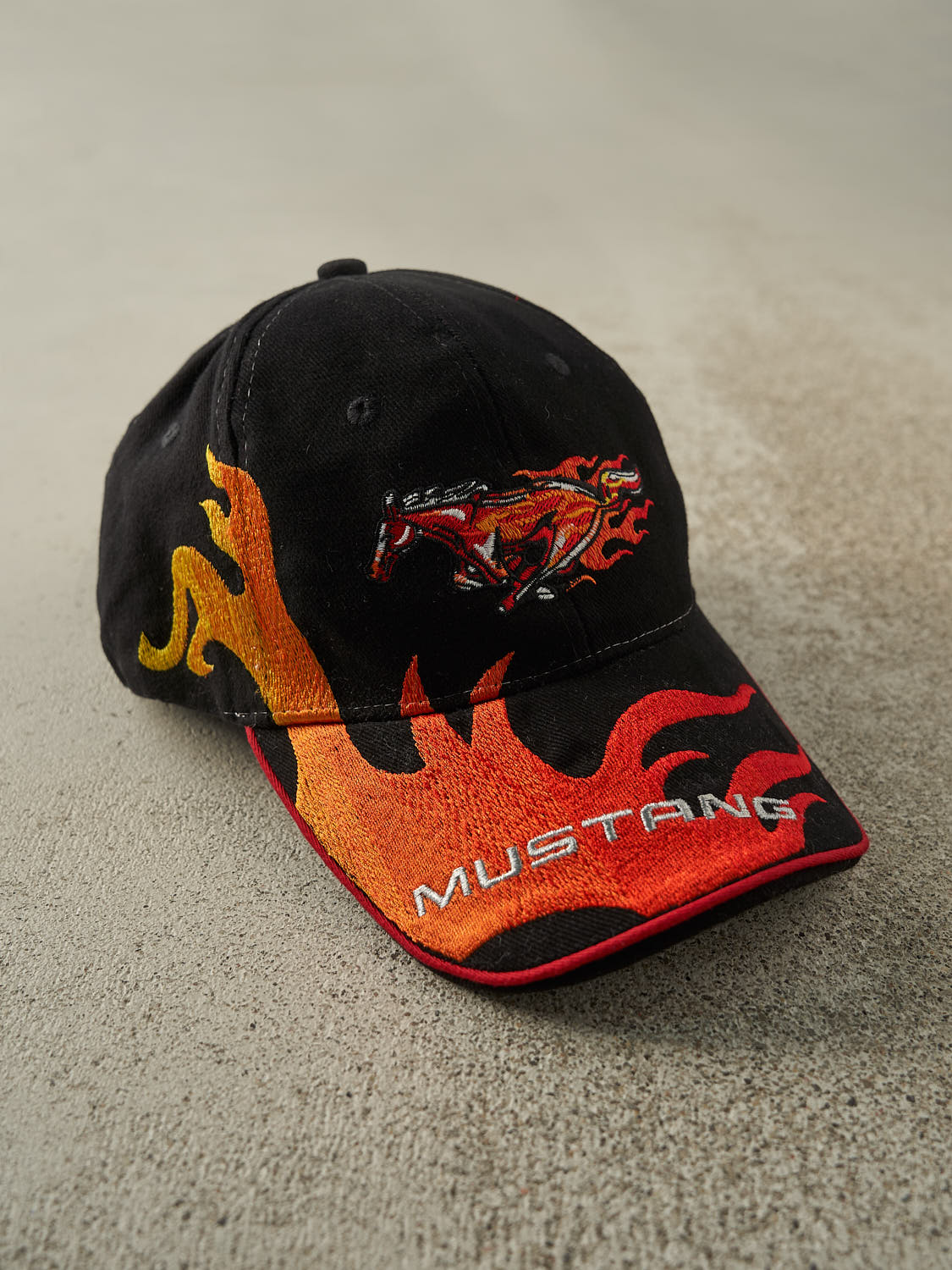 Vintage Y2K Black Embroidered Ford Mustang Flames Velcro Hat