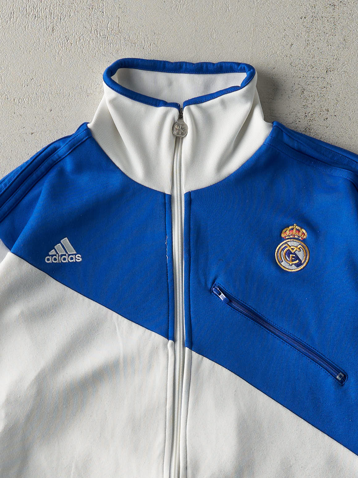 Vintage Y2K Blue & White Adidas x Real Madrid Soccer Club Jacket (M)