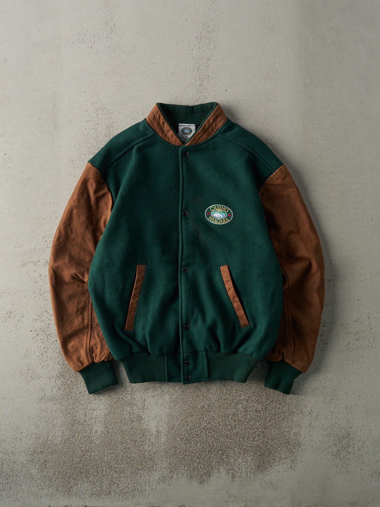 Vintage 90s Green & Brown Casino Niagara Varsity Bomber Jacket (M)