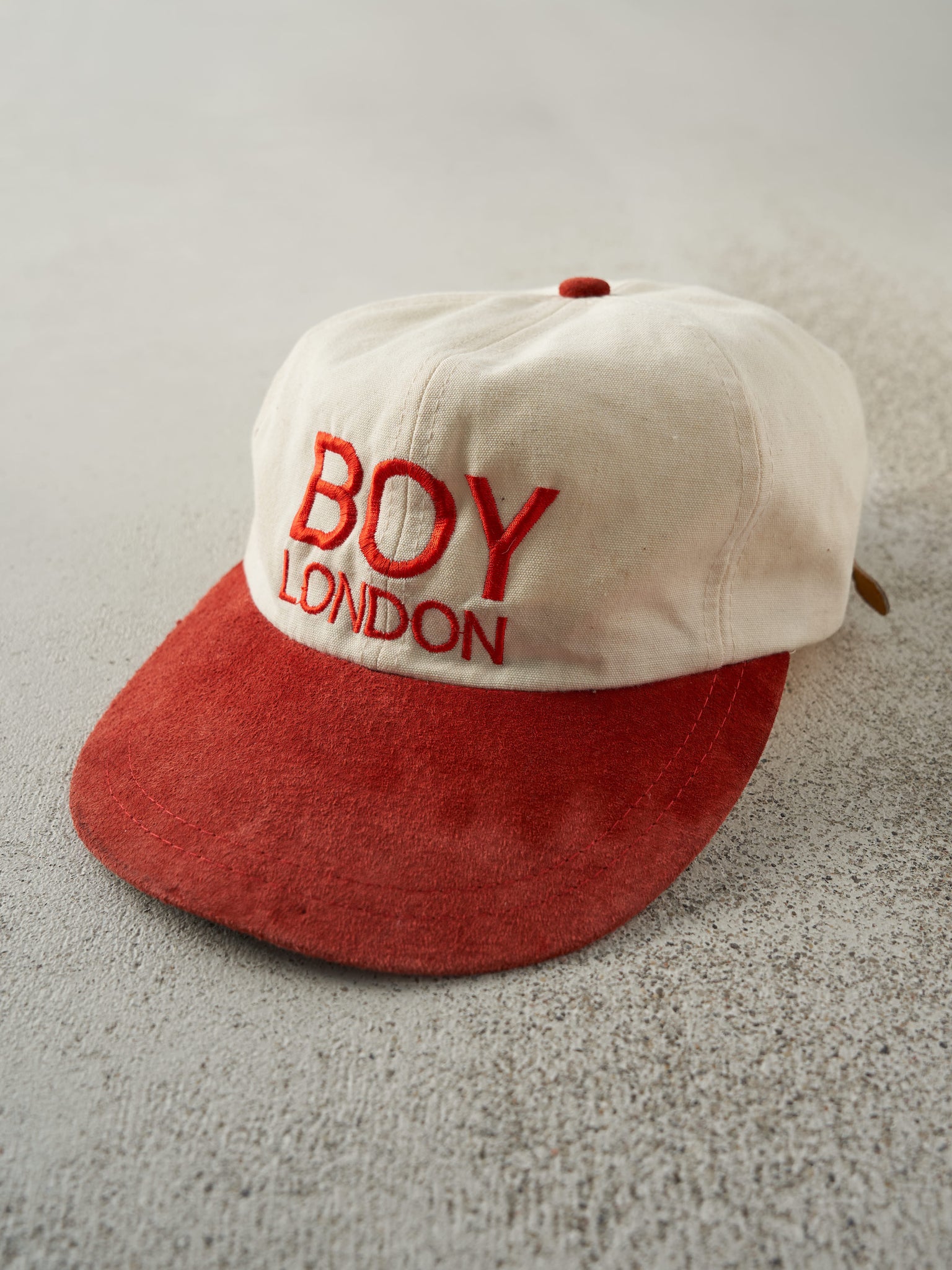 Vintage 90s Beige & Red Boy London Two Tone Embroidered Leather Strap Back