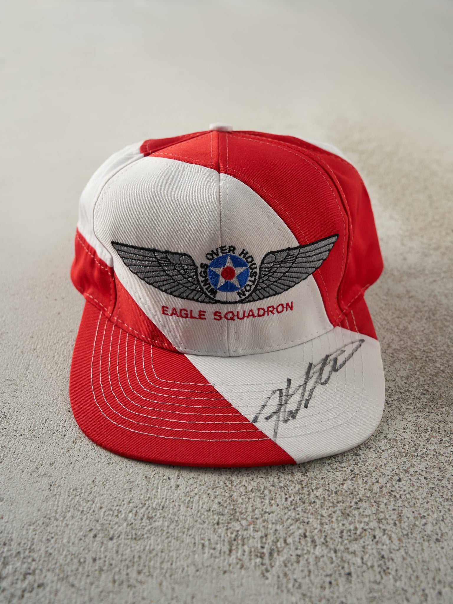 Vintage 90s Red & White Signed Wings Over Houston Strap Back