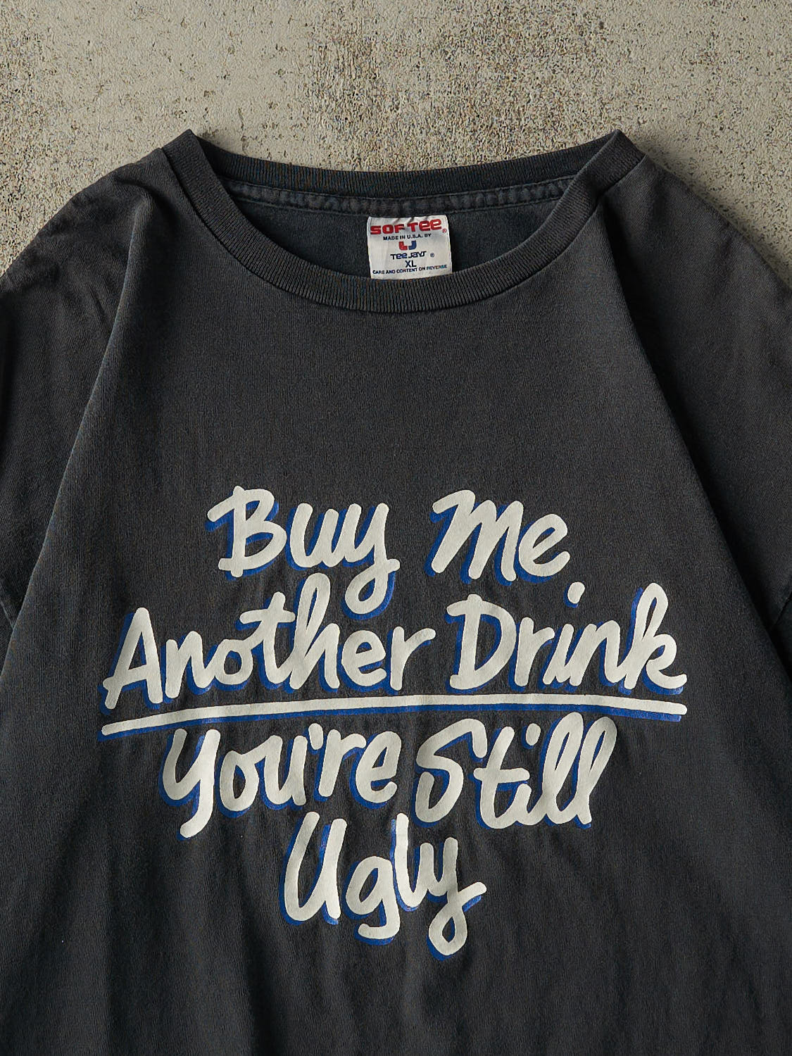 Vintage 90s Sun Faded Black "Buy Me Another Drink" Slogan Tee (L/XL)