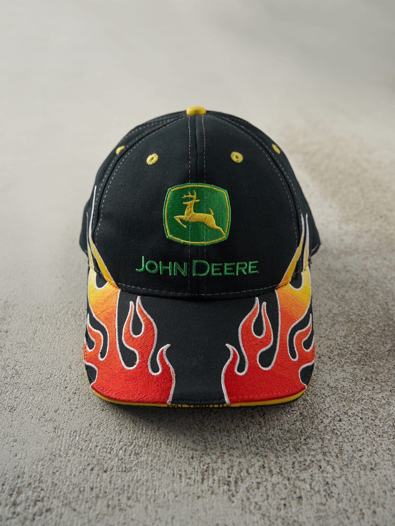 Vintage Y2K Black Embroidered John Deere Full Throttle Flames Velcro Back Hat