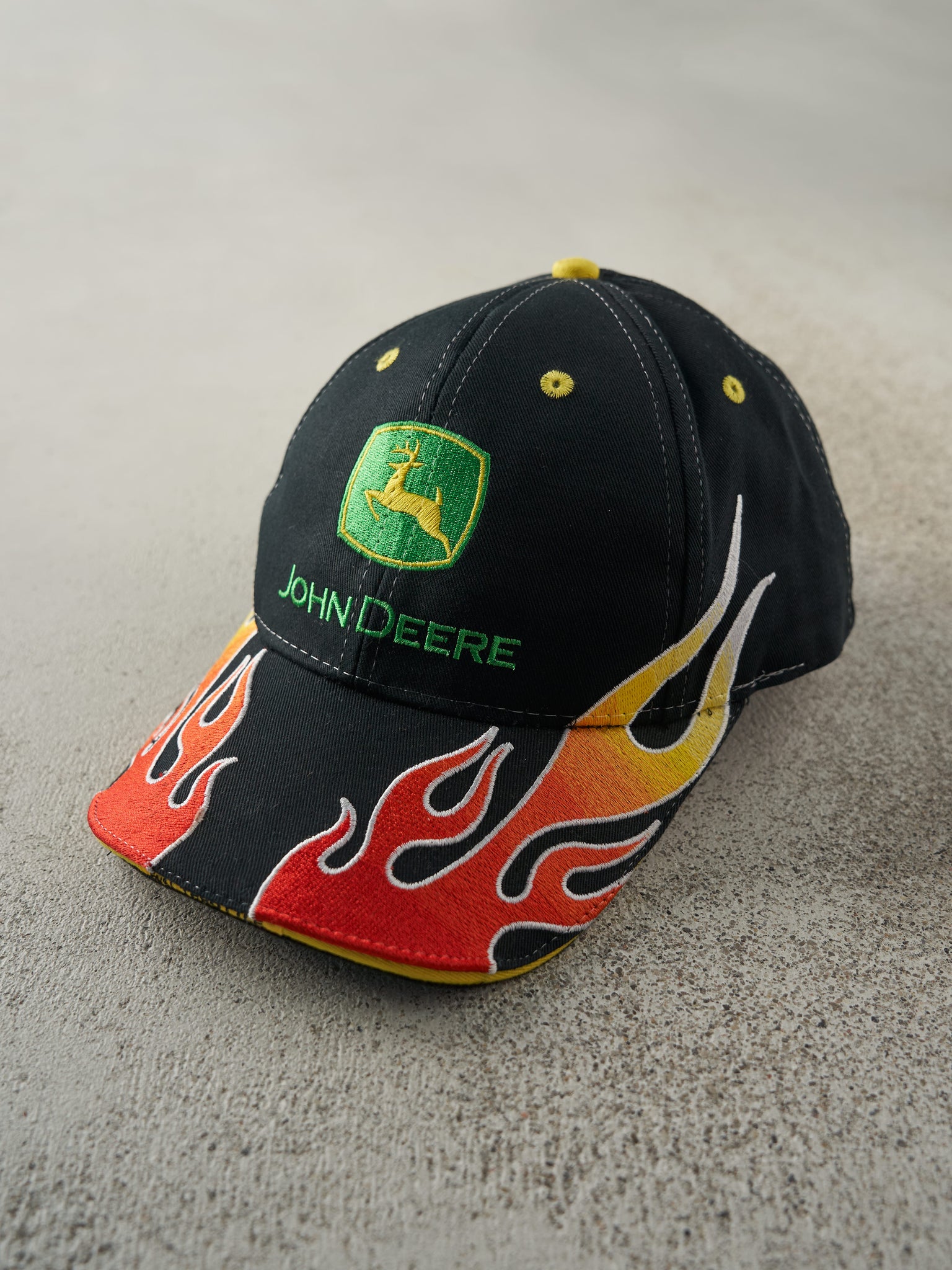 Vintage Y2K Black Embroidered John Deere Full Throttle Flames Velcro Back Hat