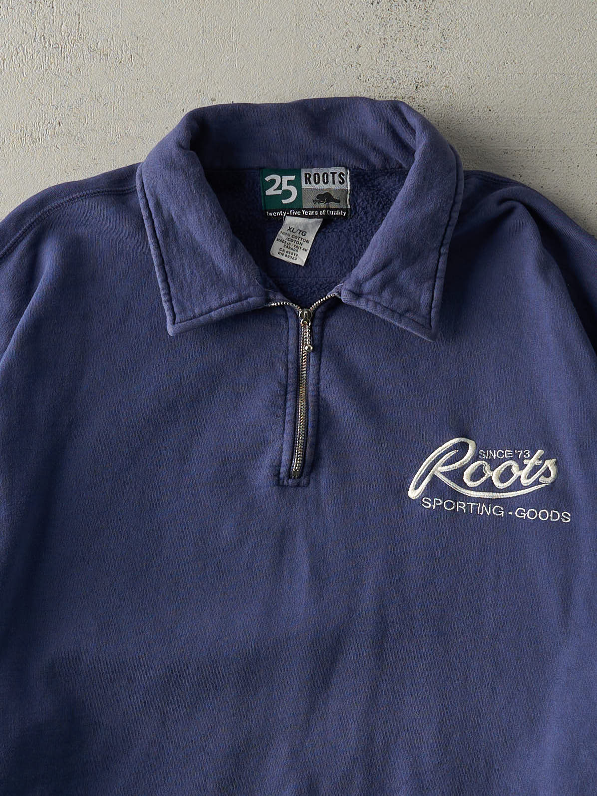 Vintage 90s Navy Blue Roots Embroidered Quater Zip (XL/XXL)