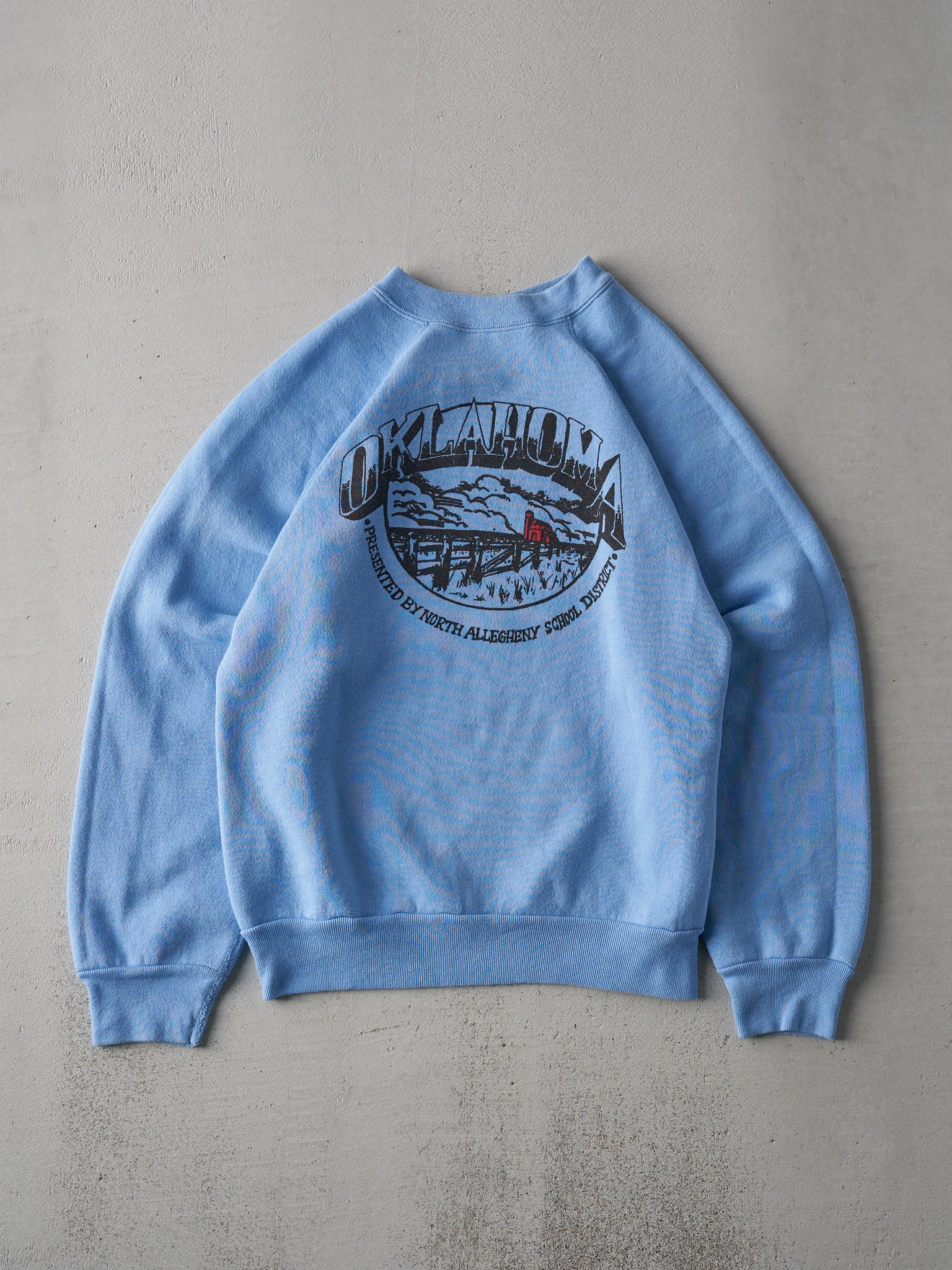 Vintage 80s Sky Blue Oklahoma Highschool Production Crewneck (M)