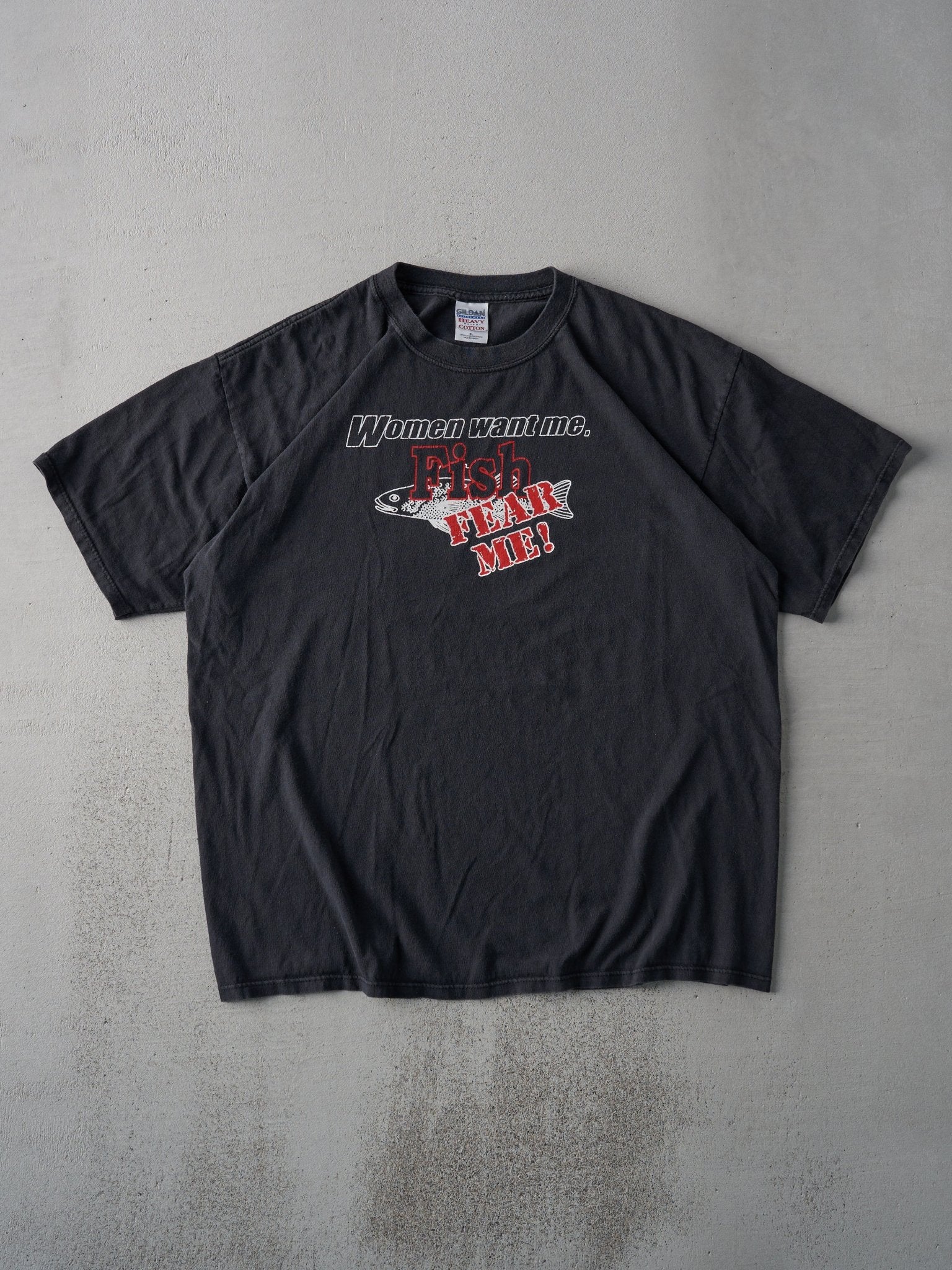 Vintage 90s Black "Women Want Me, Fish Fear Me!" Boxy Tee (L)