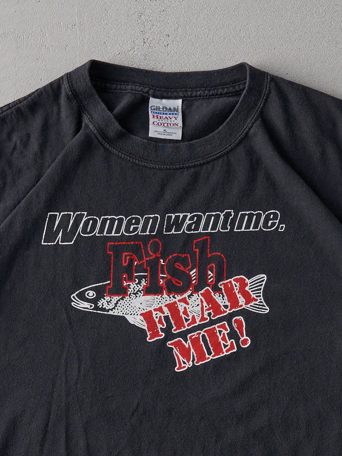 Vintage 90s Black "Women Want Me, Fish Fear Me!" Boxy Tee (L)