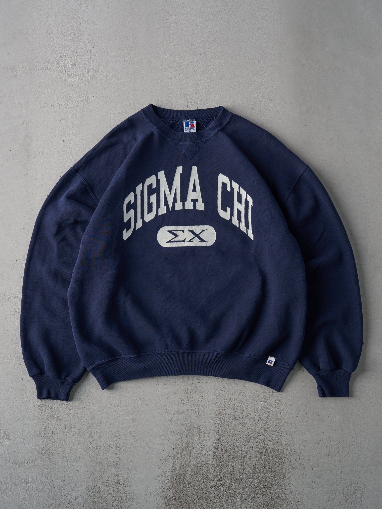 Vintage 90s Navy Sigma Chi Fraternity Russell Athletics Crewneck (L)