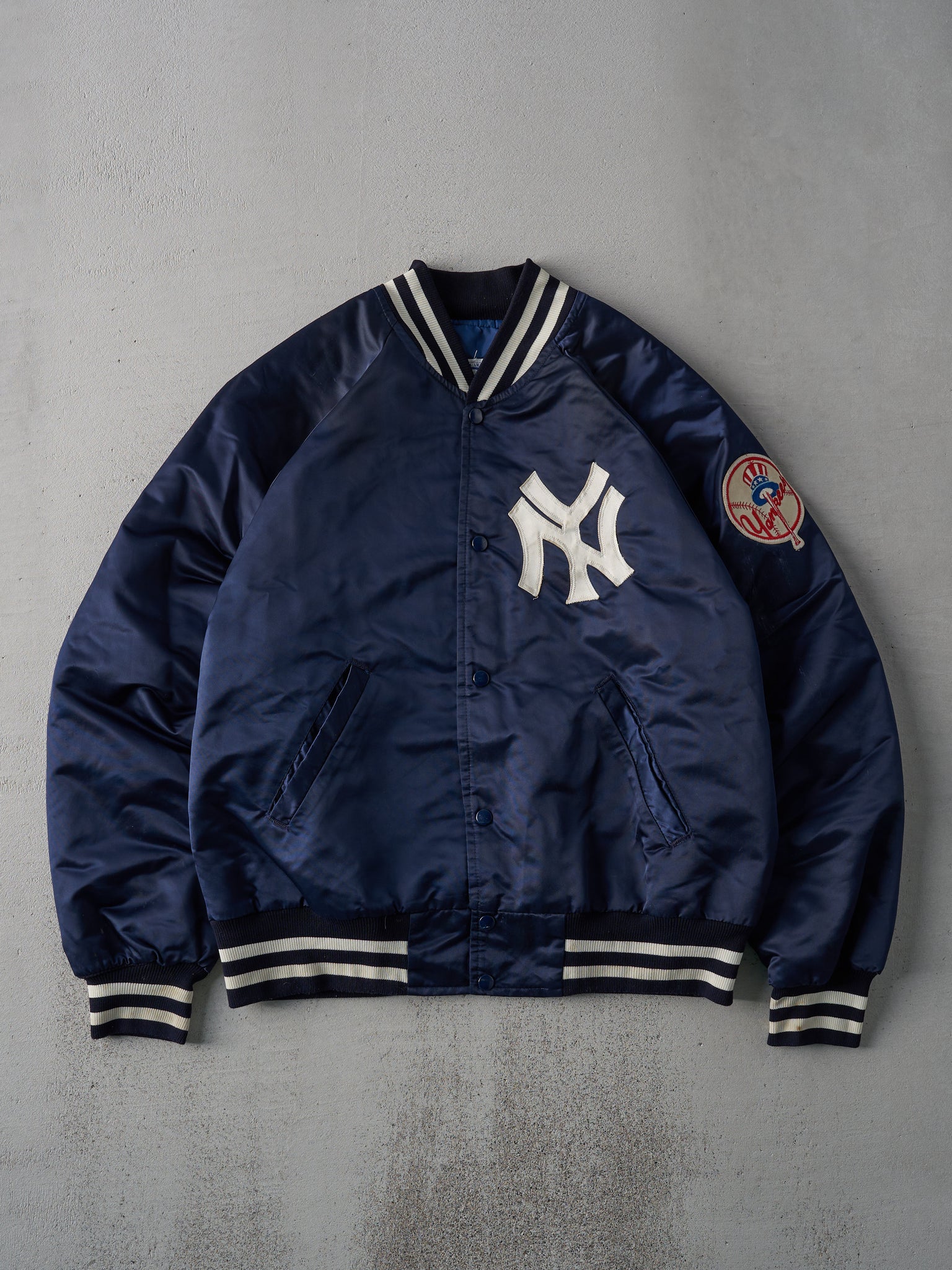 Vintage 80s Navy Blue New York Yankees Starter Satin Bomber Jacket (L)