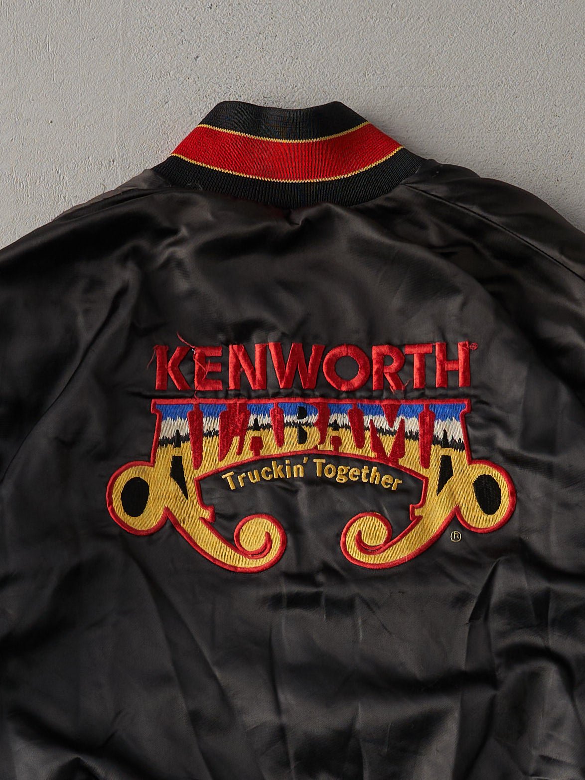 Vintage 90s Black Kenworth Alabama Trucking Together Satin Bomber (L)