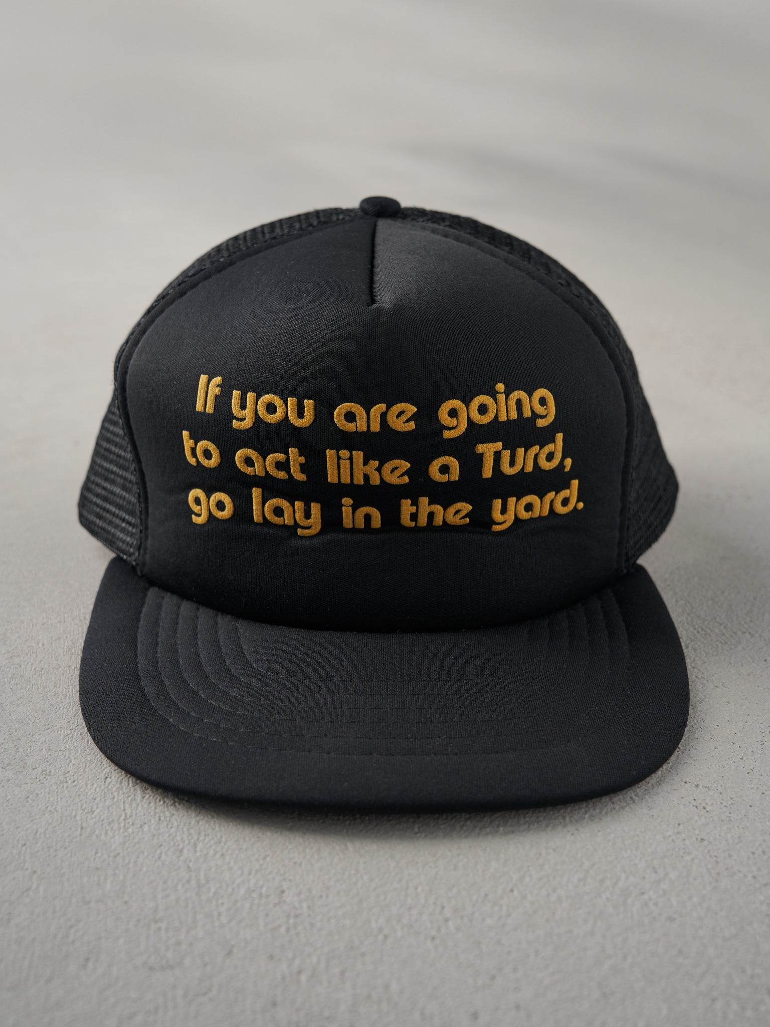 Vintage 80s Black "Go Lay In The Yard" Trucker Hat