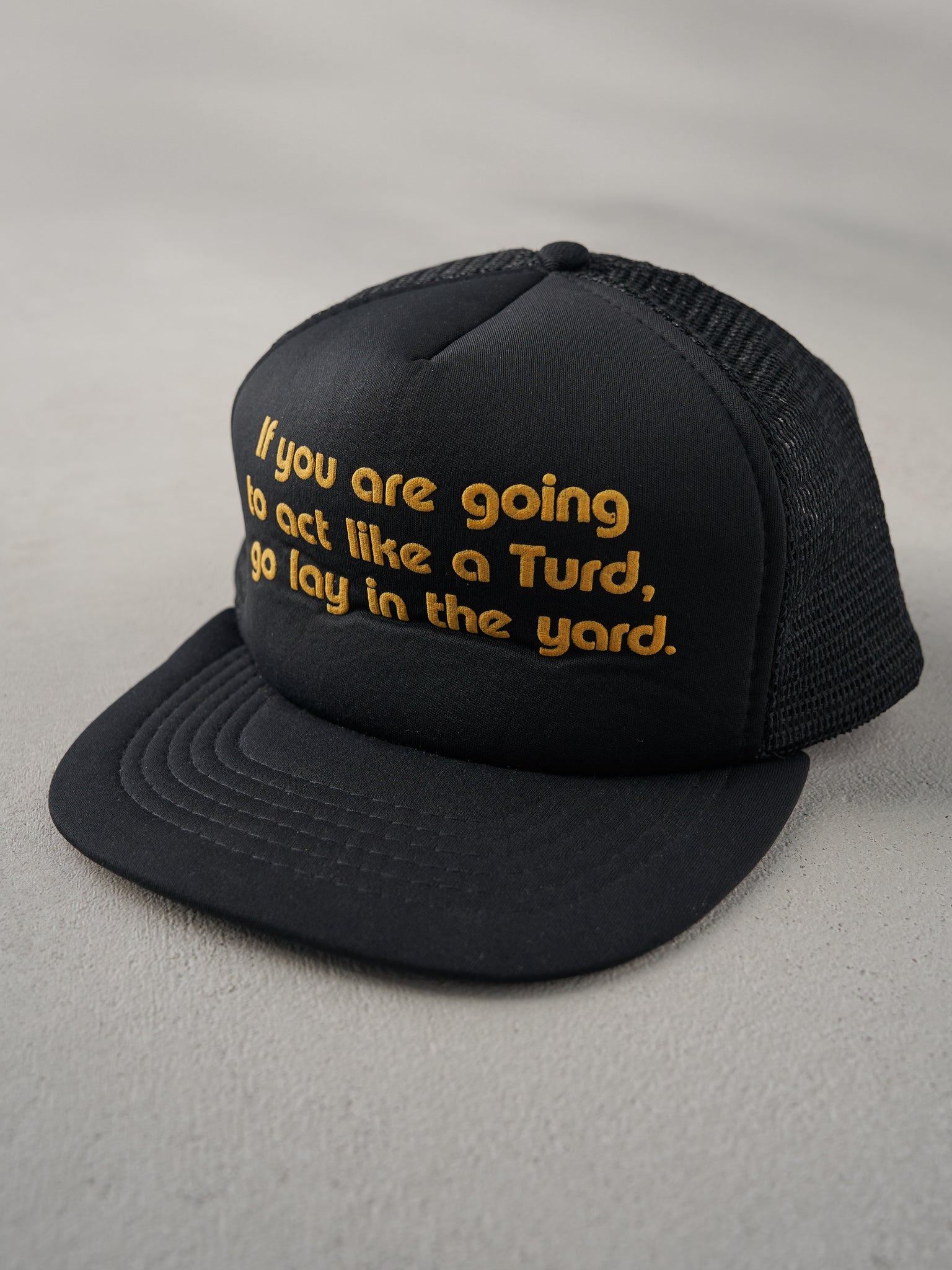 Vintage 80s Black "Go Lay In The Yard" Trucker Hat