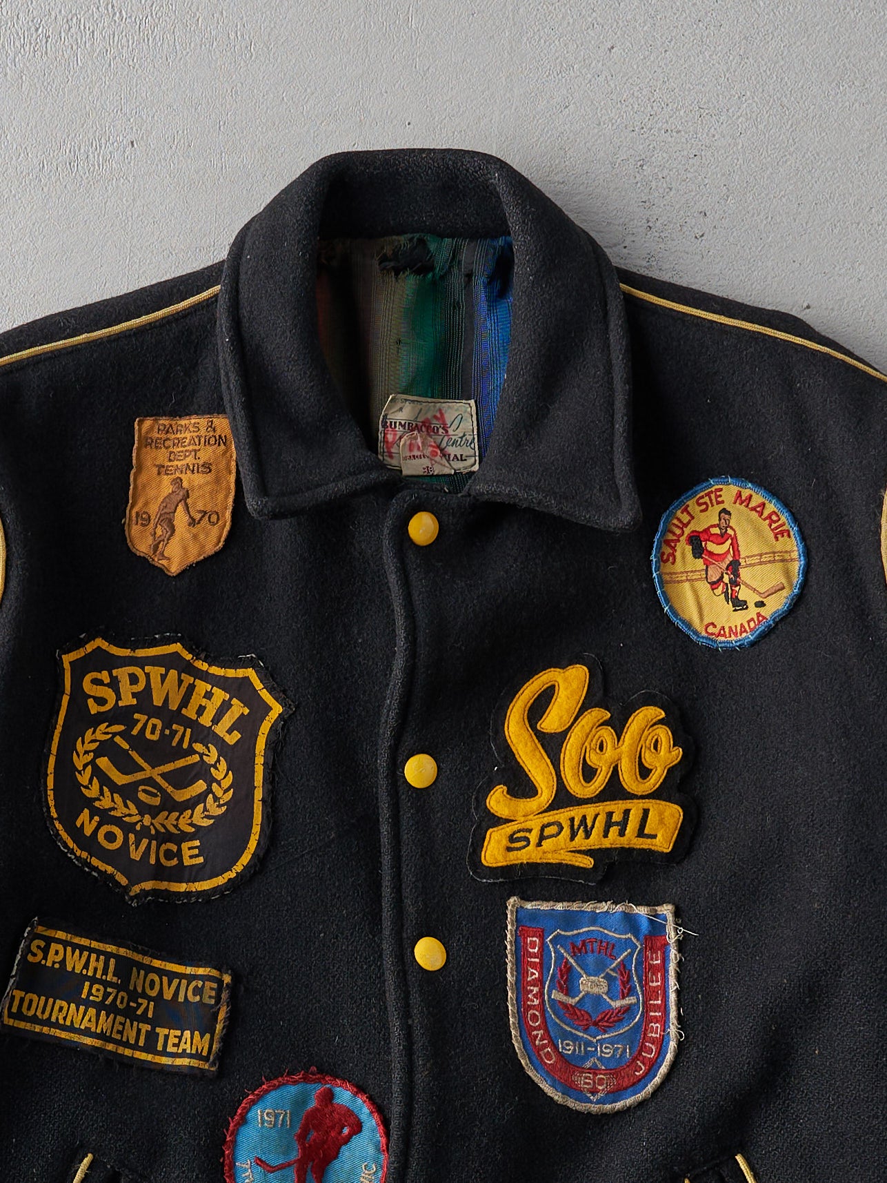 Vintage 70s Black BUMBACO'S Sports Center Patchwork Wool Jacket (S/M)