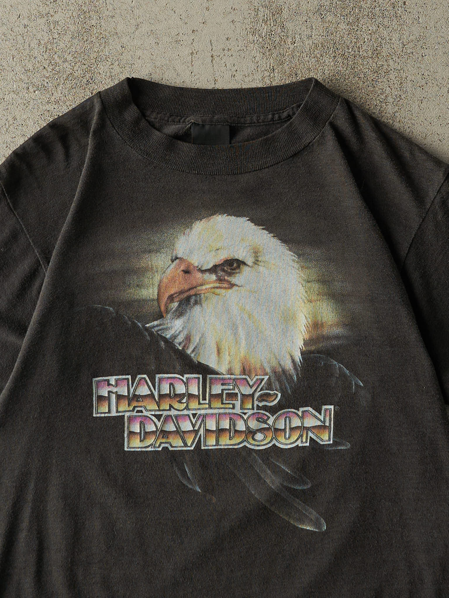 Vintage 80s Faded Black Rahway NJ Harley Davidson 3D Emblem Single Stitch Tee (S)