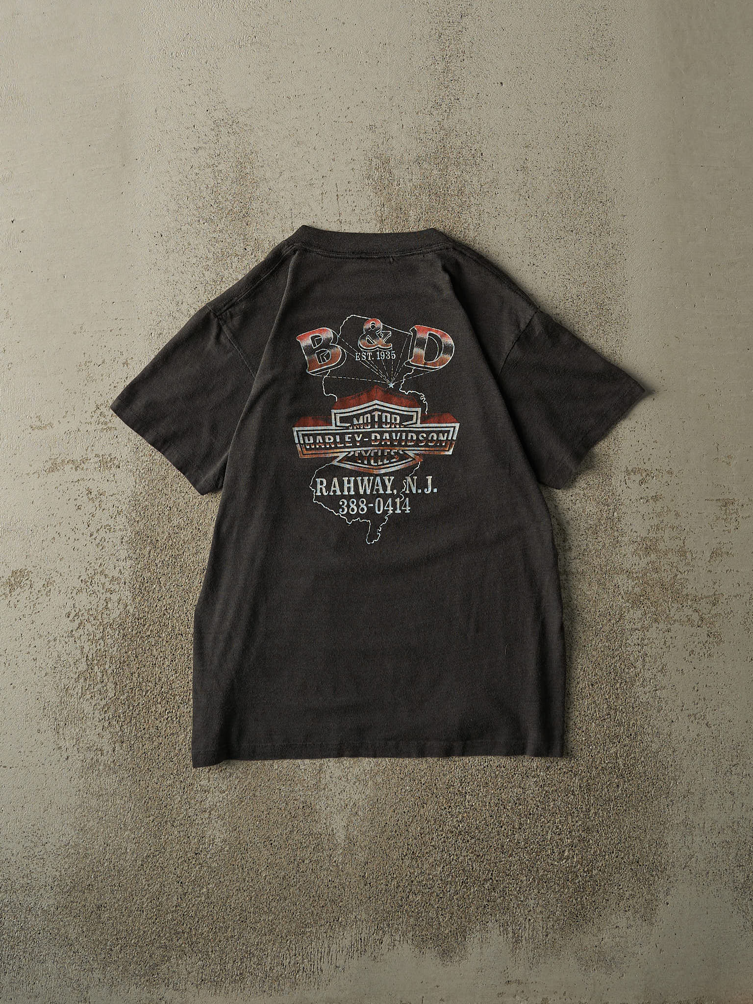 Vintage 80s Faded Black Rahway NJ Harley Davidson 3D Emblem Single Stitch Tee (S)