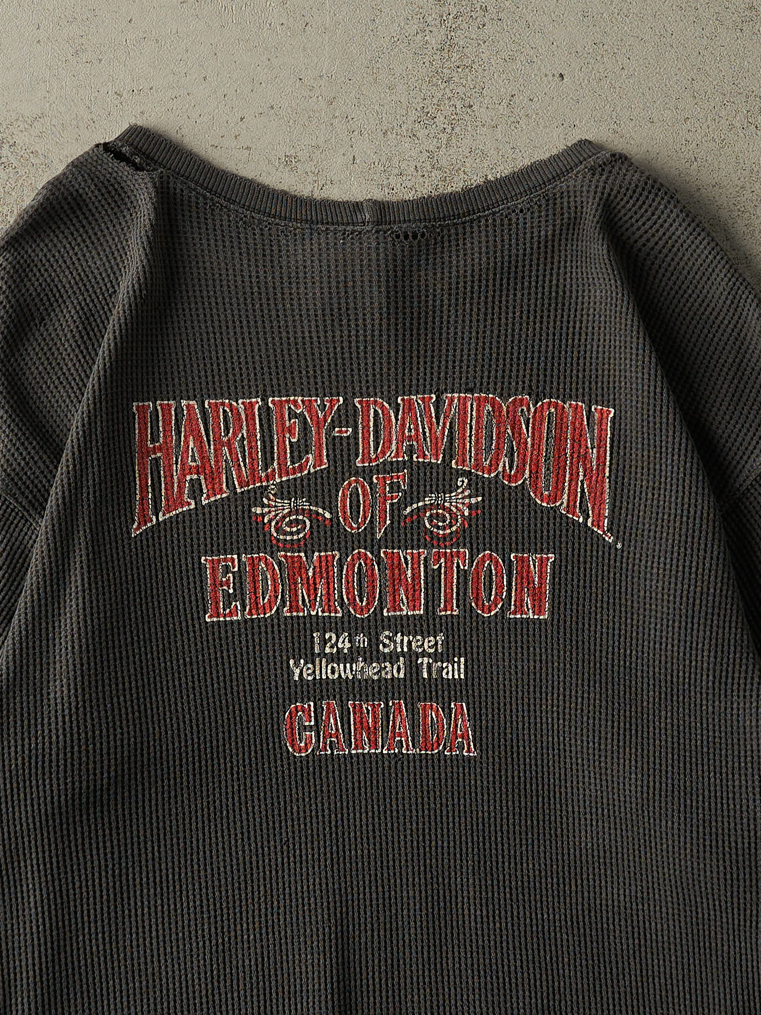Vintage 80s Faded Black Edmonton Harley Davidson Thermal Long Sleeve (L/XL)