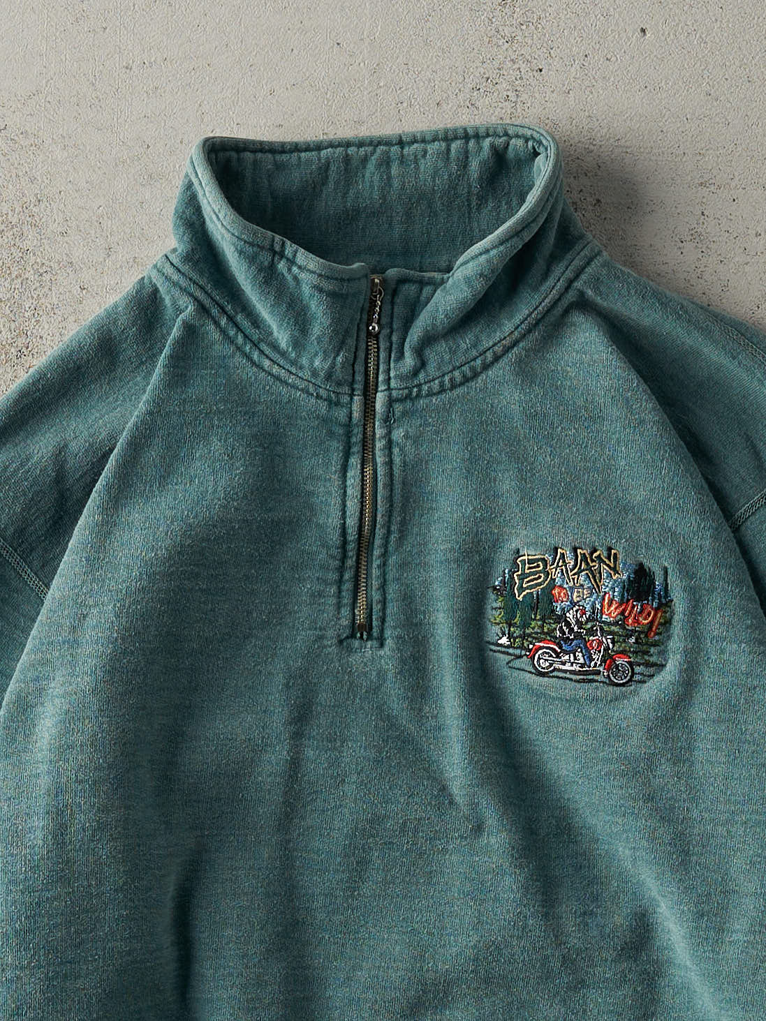 Vintage 90s Washed Green "Baan To Be Wild" Embroidered Quarter Zip (S/M)