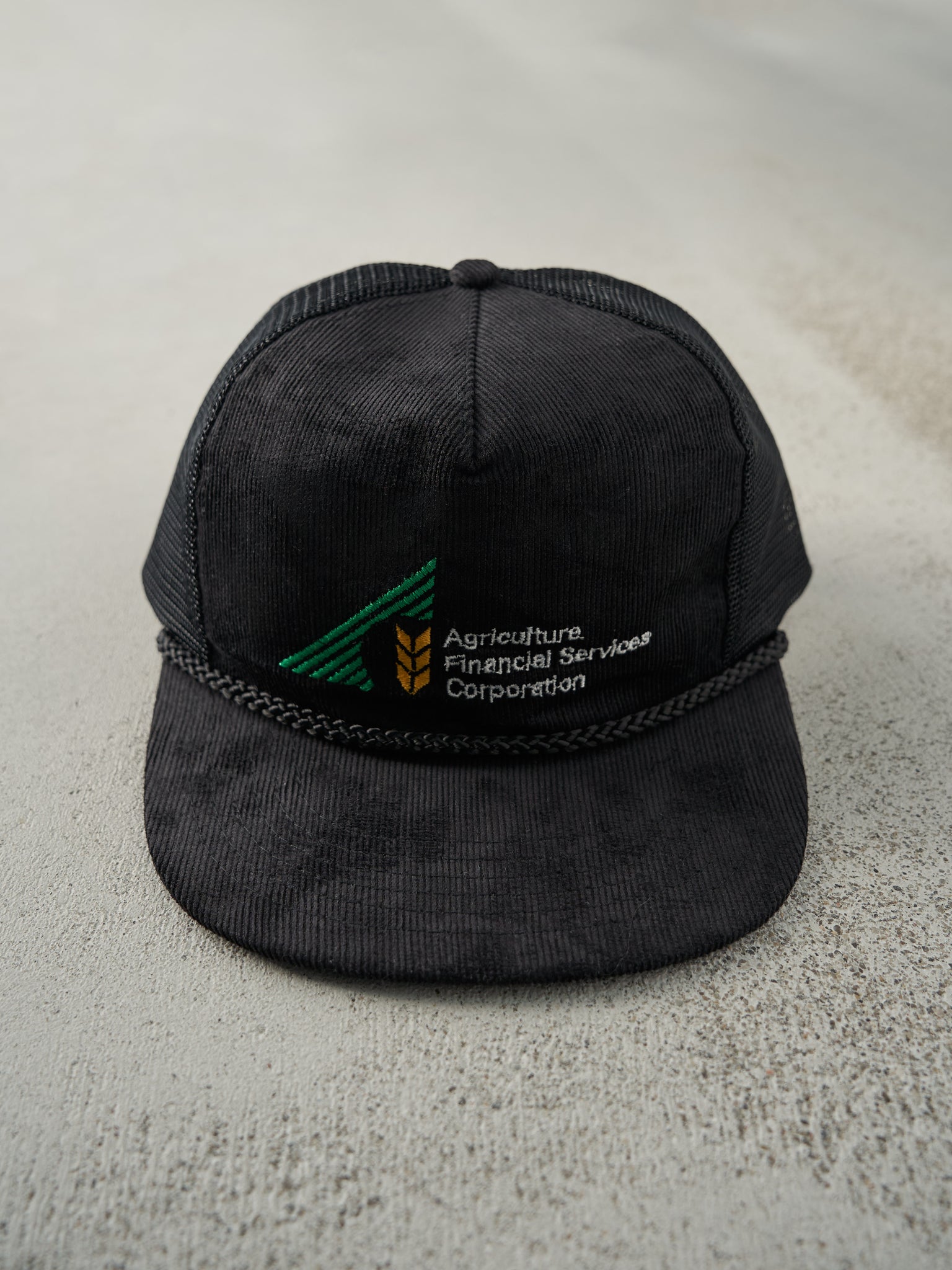 Vintage 80s Black Embroidered Agriculture Corduroy Trucker Hat
