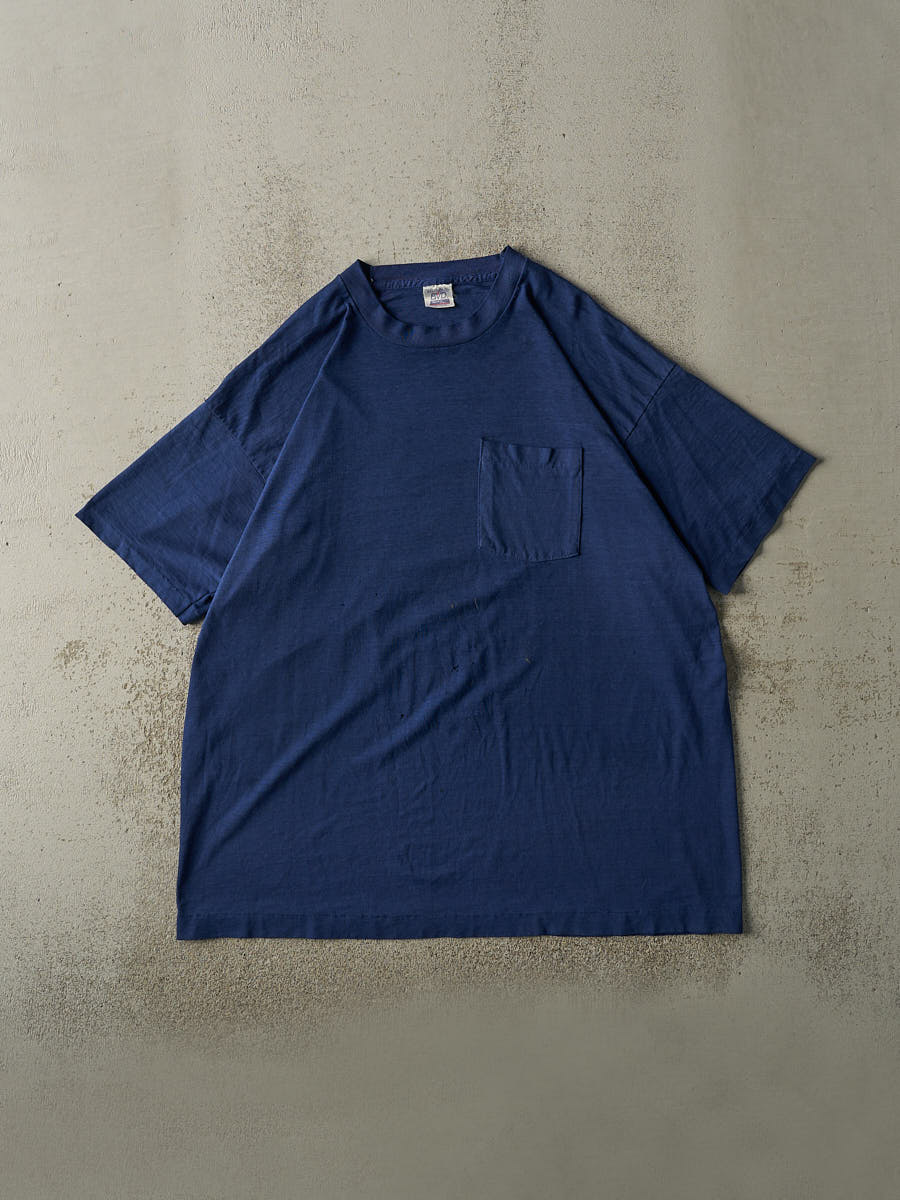 Vintage 90s Navy Blue Blank Single Stitch Pocket Tee (XXL)