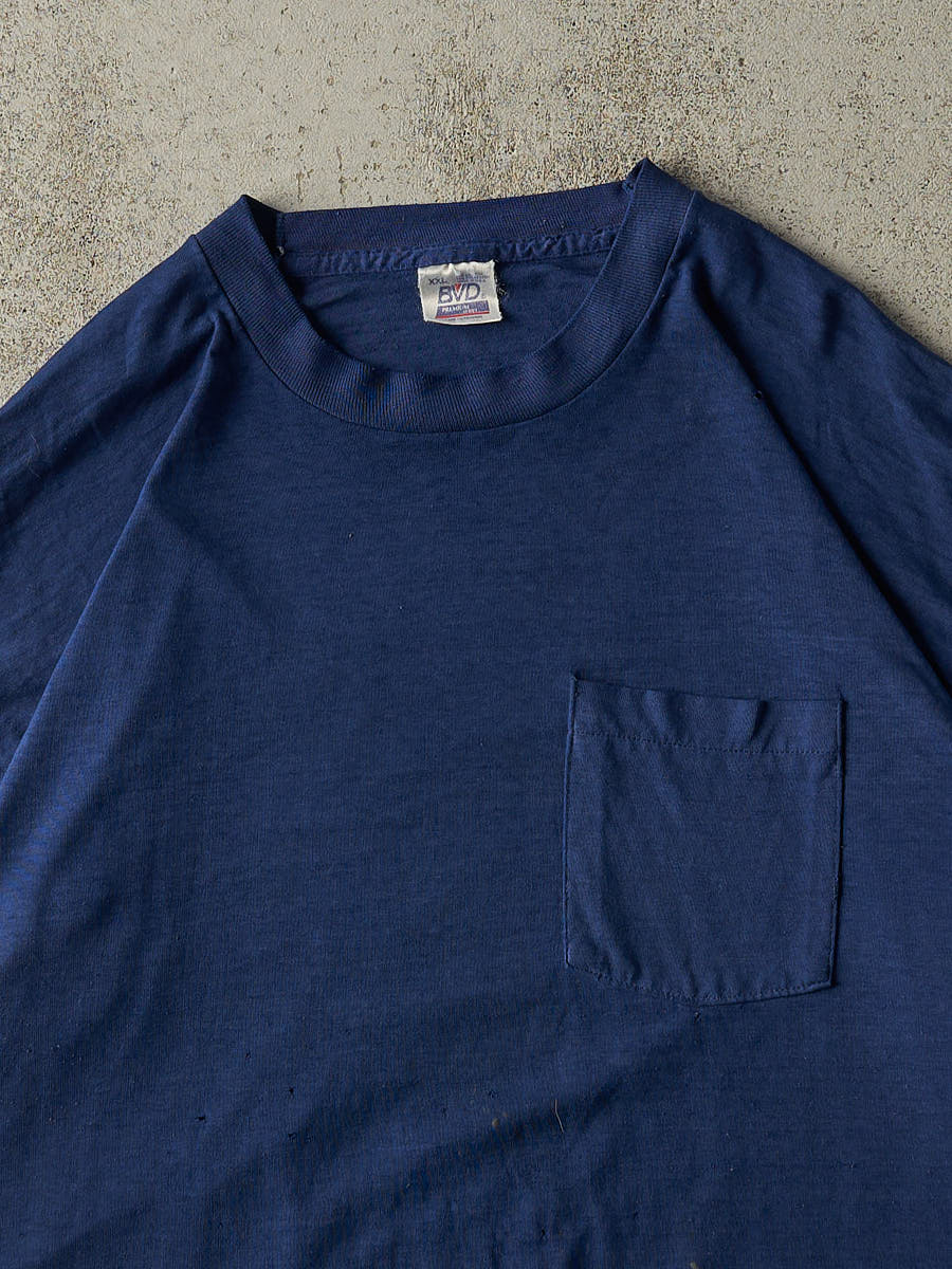 Vintage 90s Navy Blue Blank Single Stitch Pocket Tee (XXL)