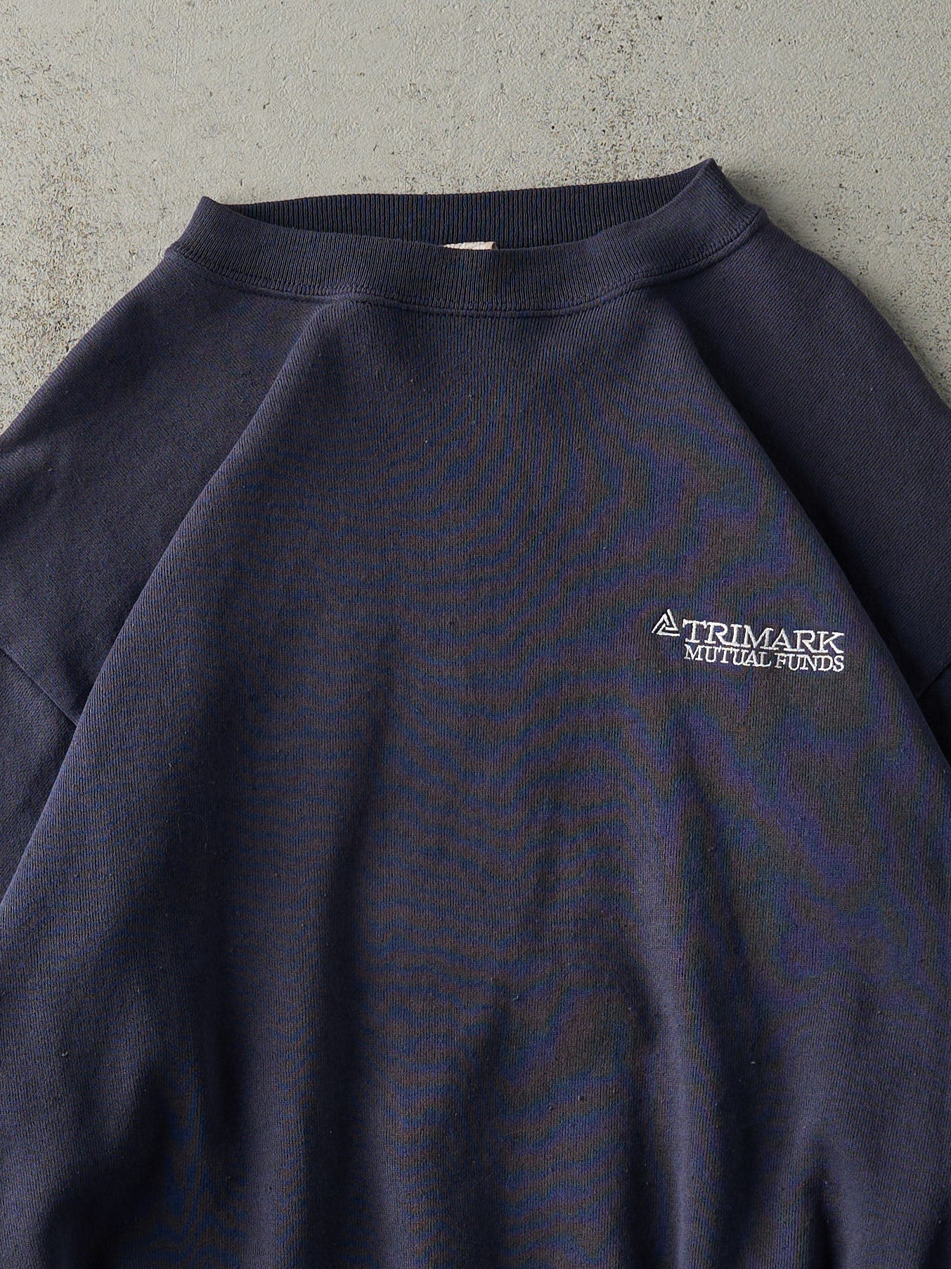 Vintage 90s Faded Navy Blue Embroidered Trimark Mutual Funds Crewneck (L)