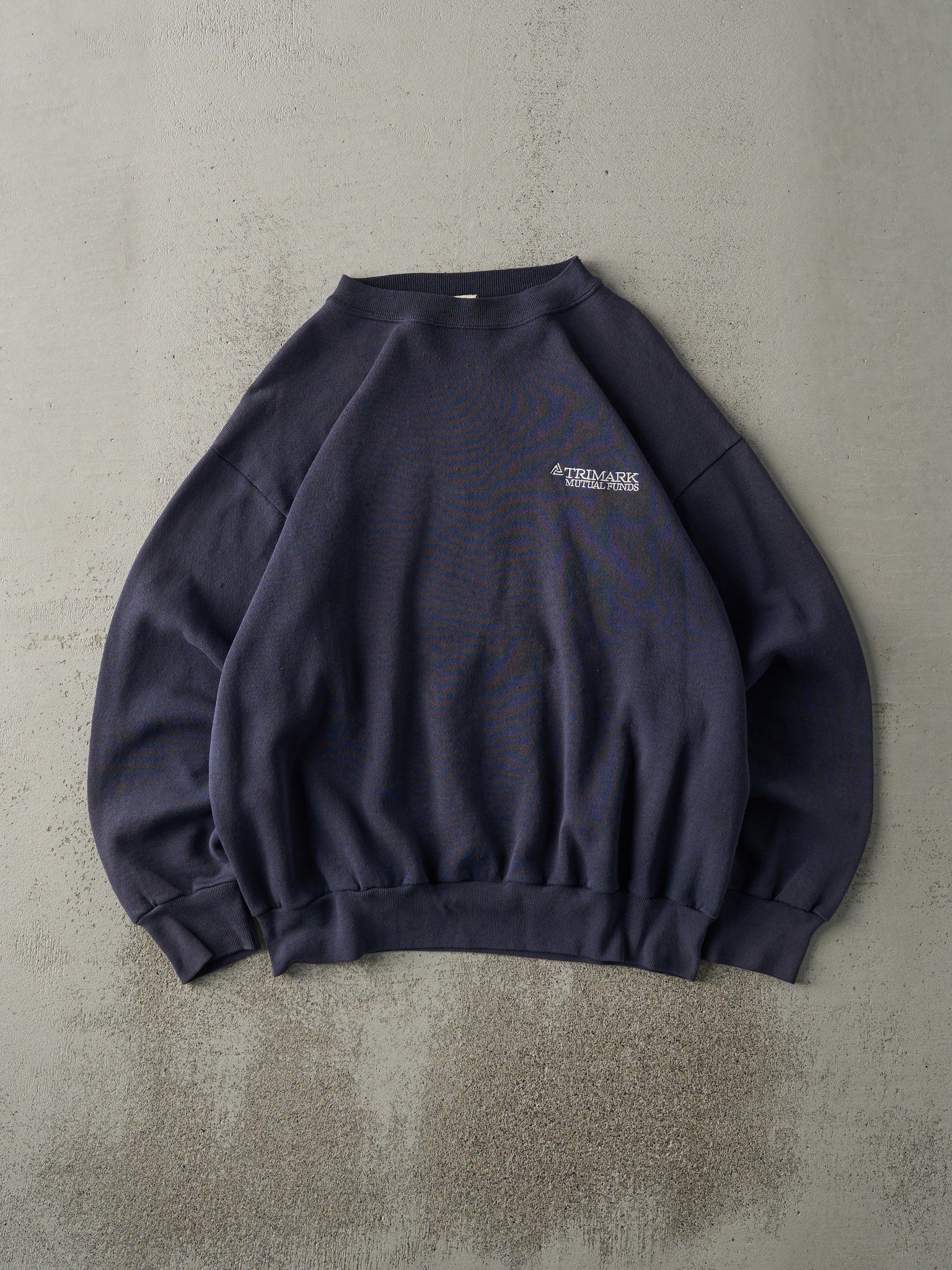 Vintage 90s Faded Navy Blue Embroidered Trimark Mutual Funds Crewneck (L)