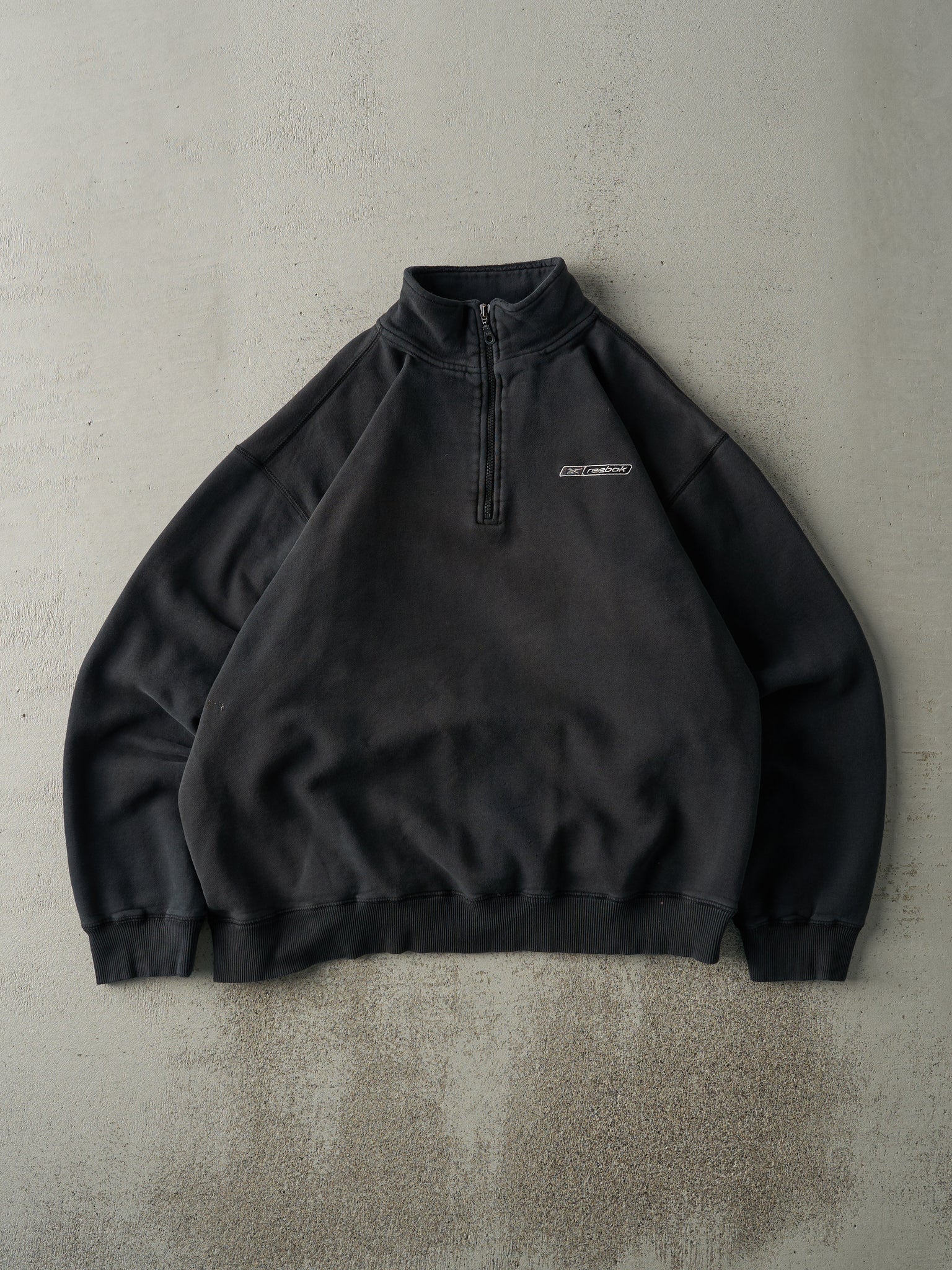 Vintage 90s Black Embroidered Reebok Quarter Zip Boxy Sweater (L)