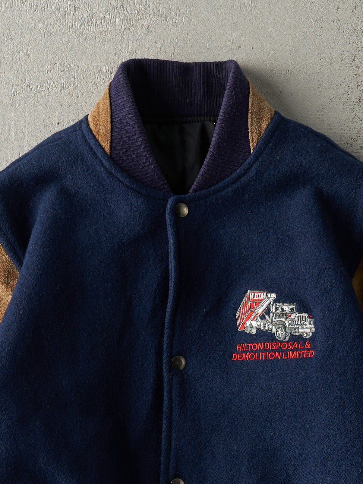 Vintage 80s Navy Blue Embroidered Wool Varsity Jacket (M/L)