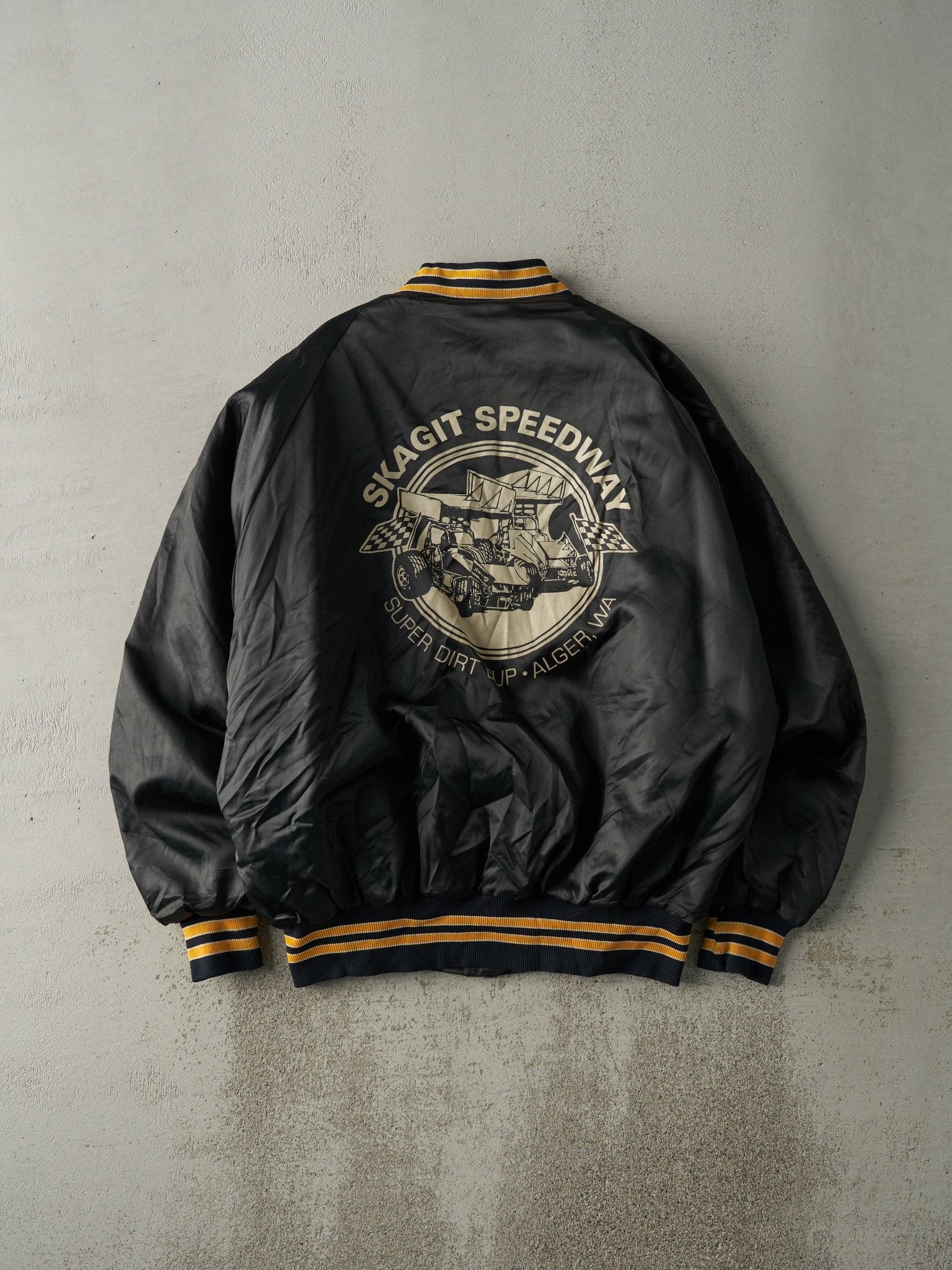 Vintage 70s Black Skagit Speedway Satin Bomber Jacket (L)