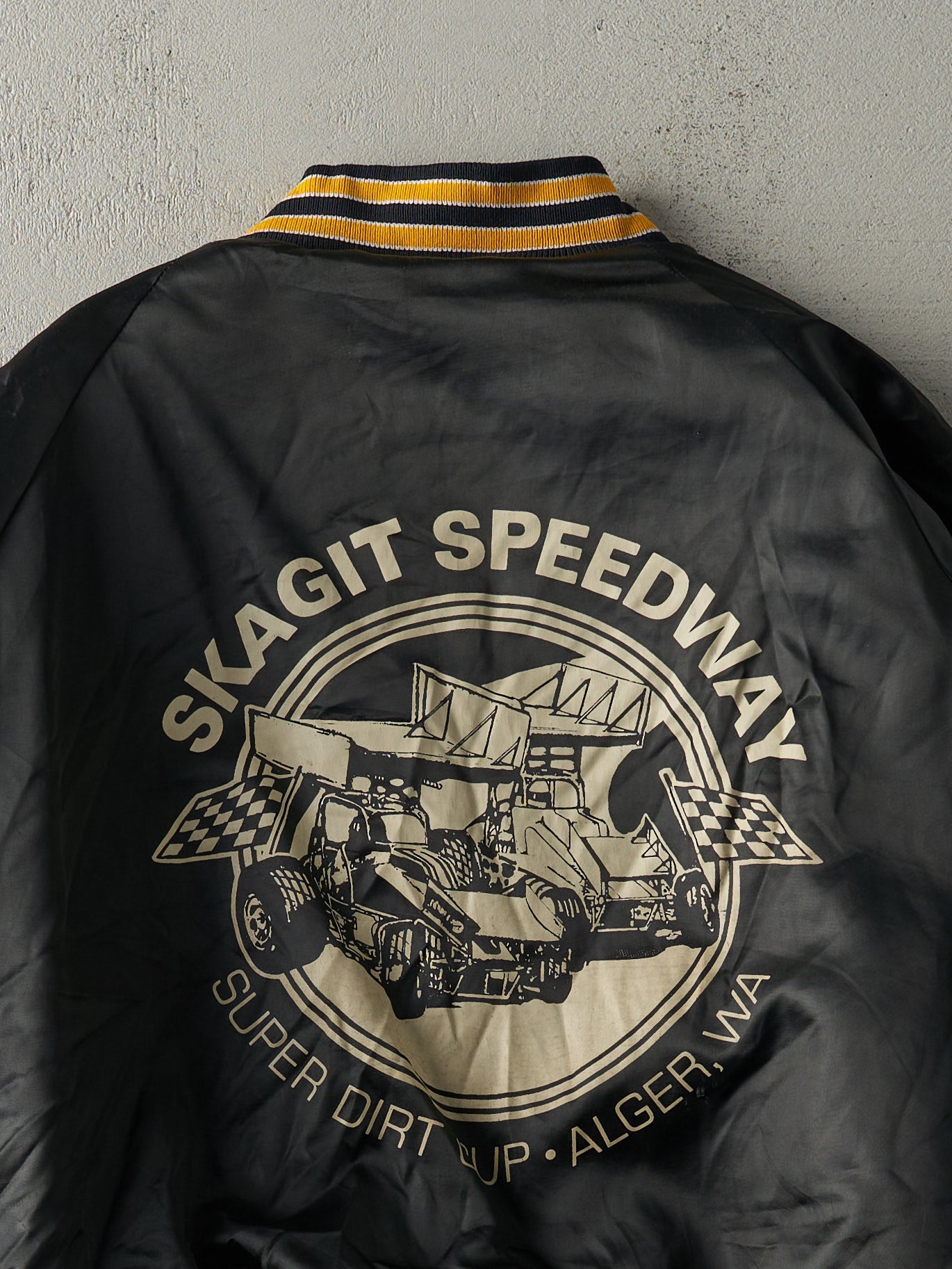 Vintage 70s Black Skagit Speedway Satin Bomber Jacket (L)