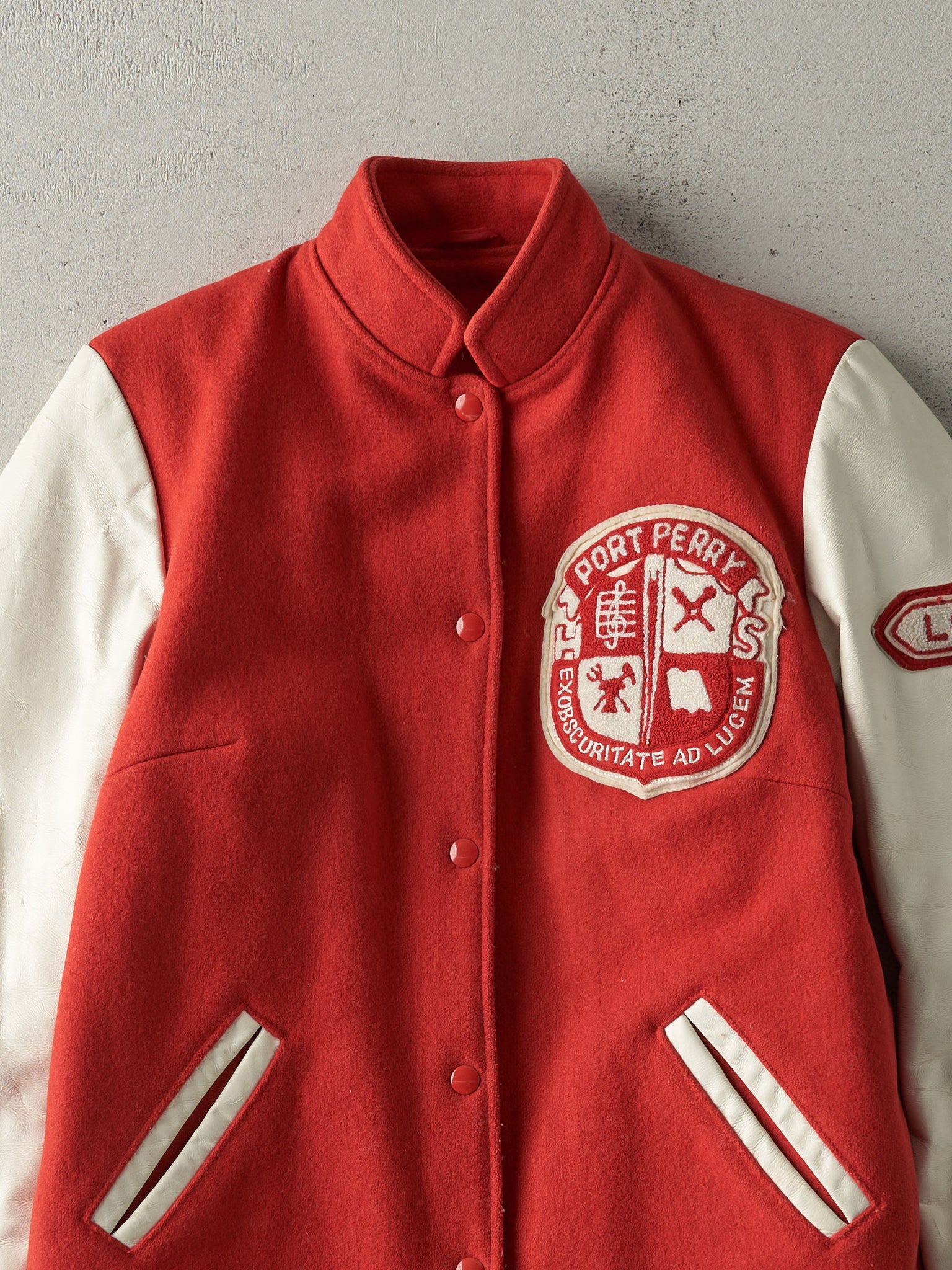 Vintage 90s Red & White Port Perry Varsity Jacket (XS)