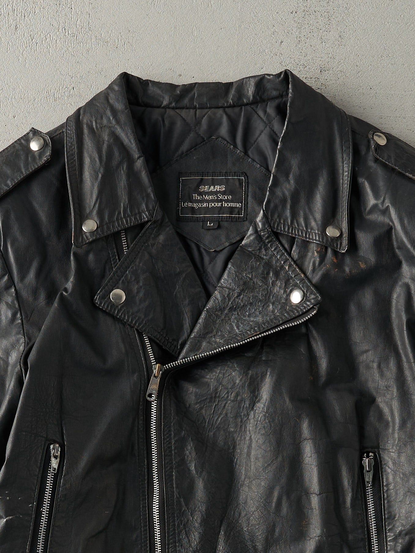 Vintage 80s Black Sears Leather Biker Jacket (L) – Rebalance Vintage