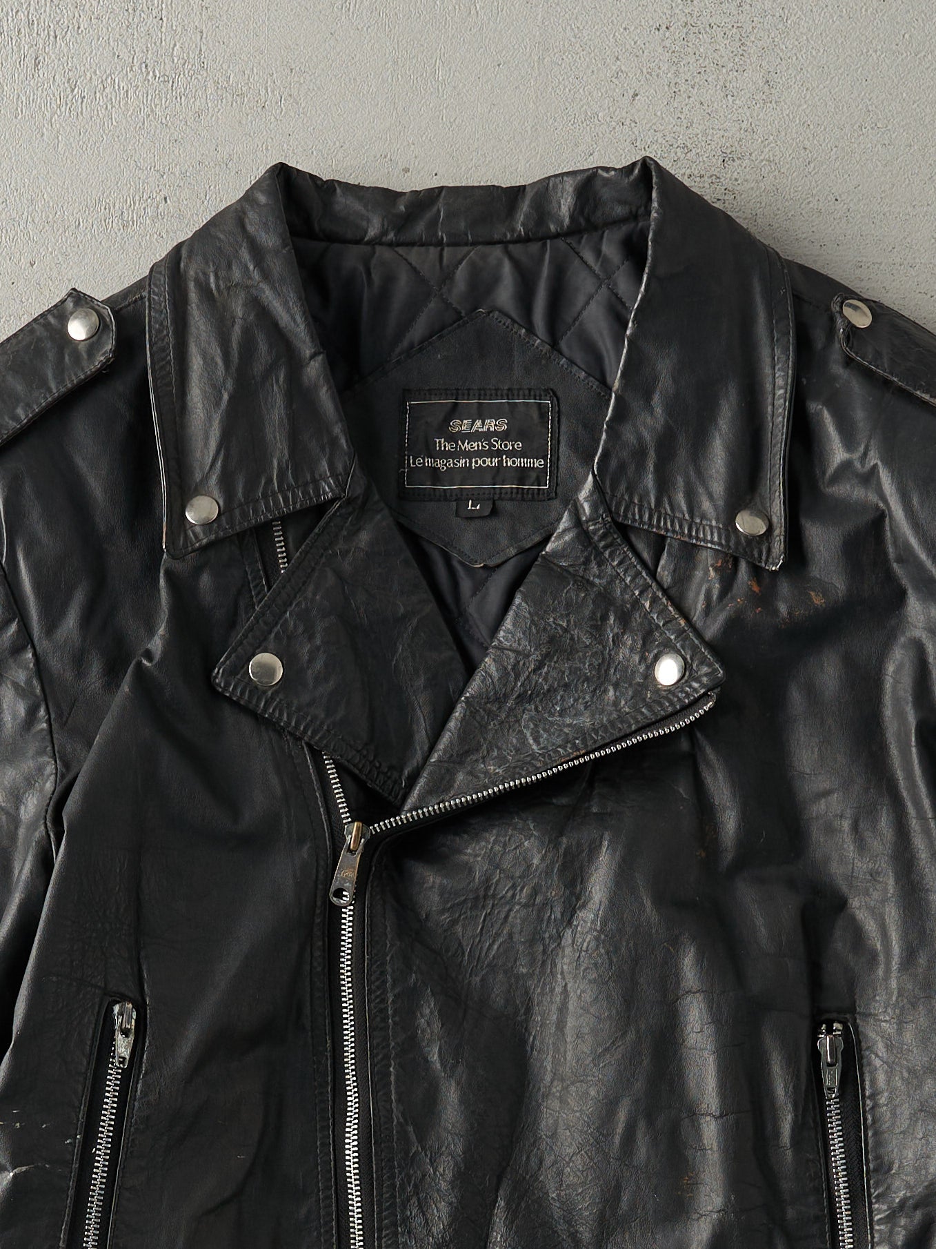 Vintage 80s Black Sears Leather Biker Jacket (M)