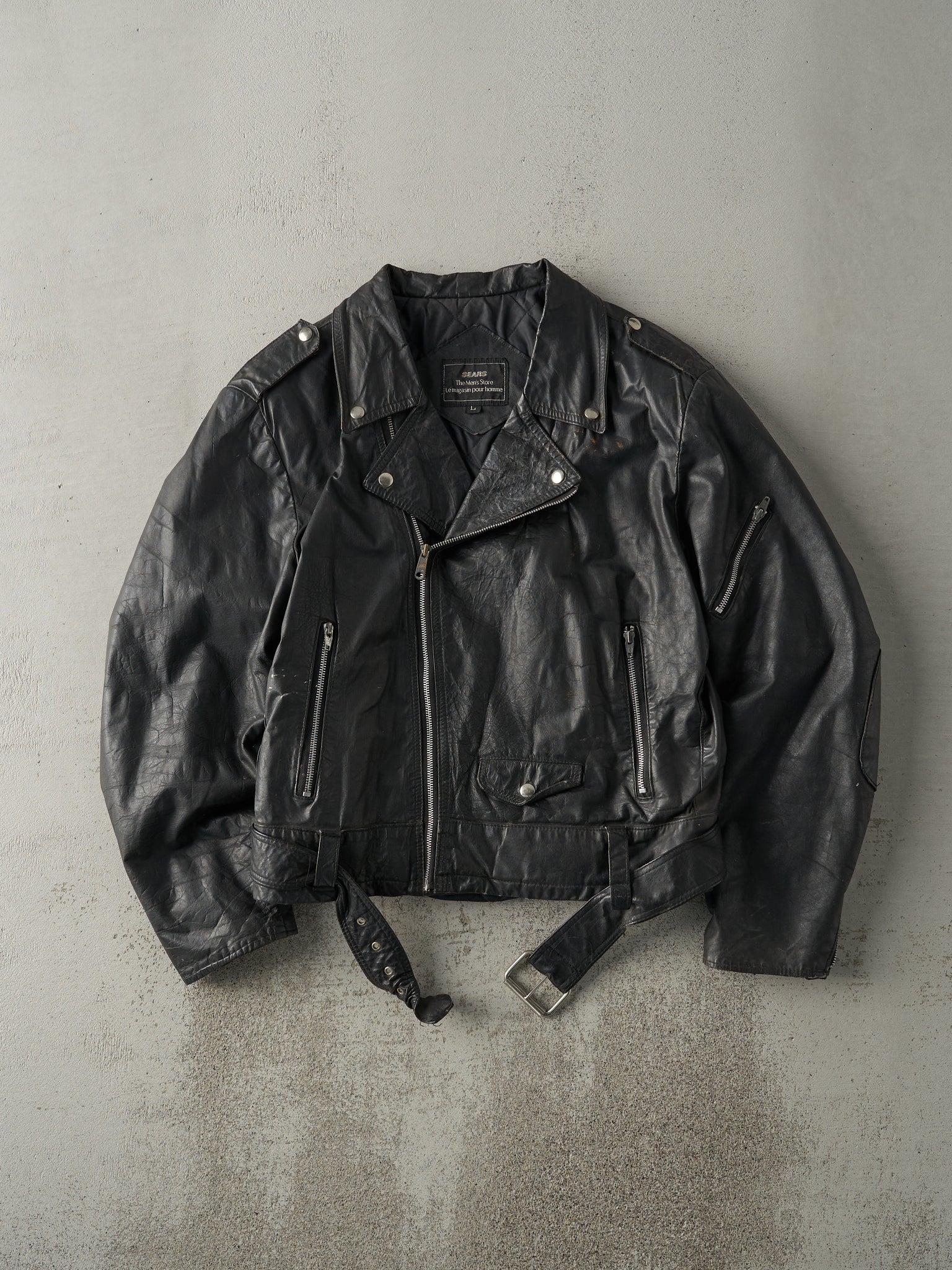 Vintage 80s Black Sears Leather Biker Jacket (M)