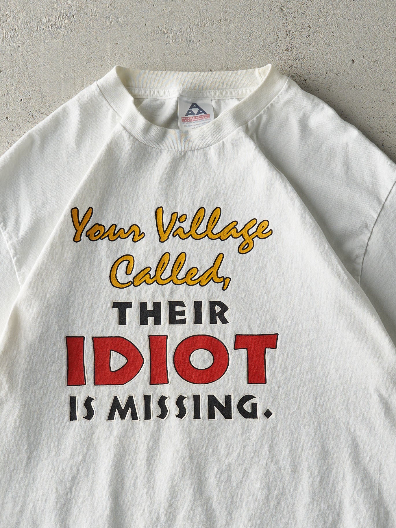 Vintage Y2K White Village Idiot Slogan Tee (M)