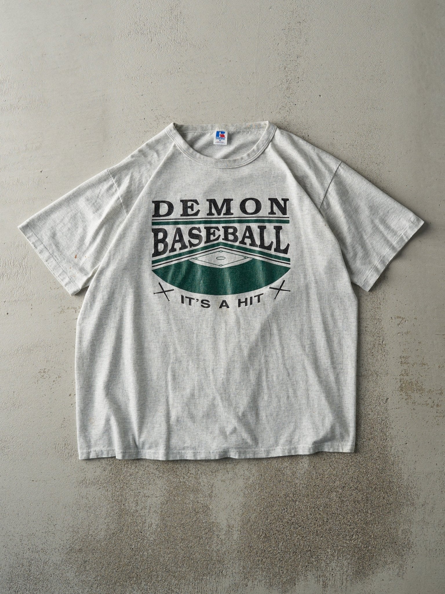 Vintage 90s Heather Grey Demon Baseball Russell Athletic Tee (L)