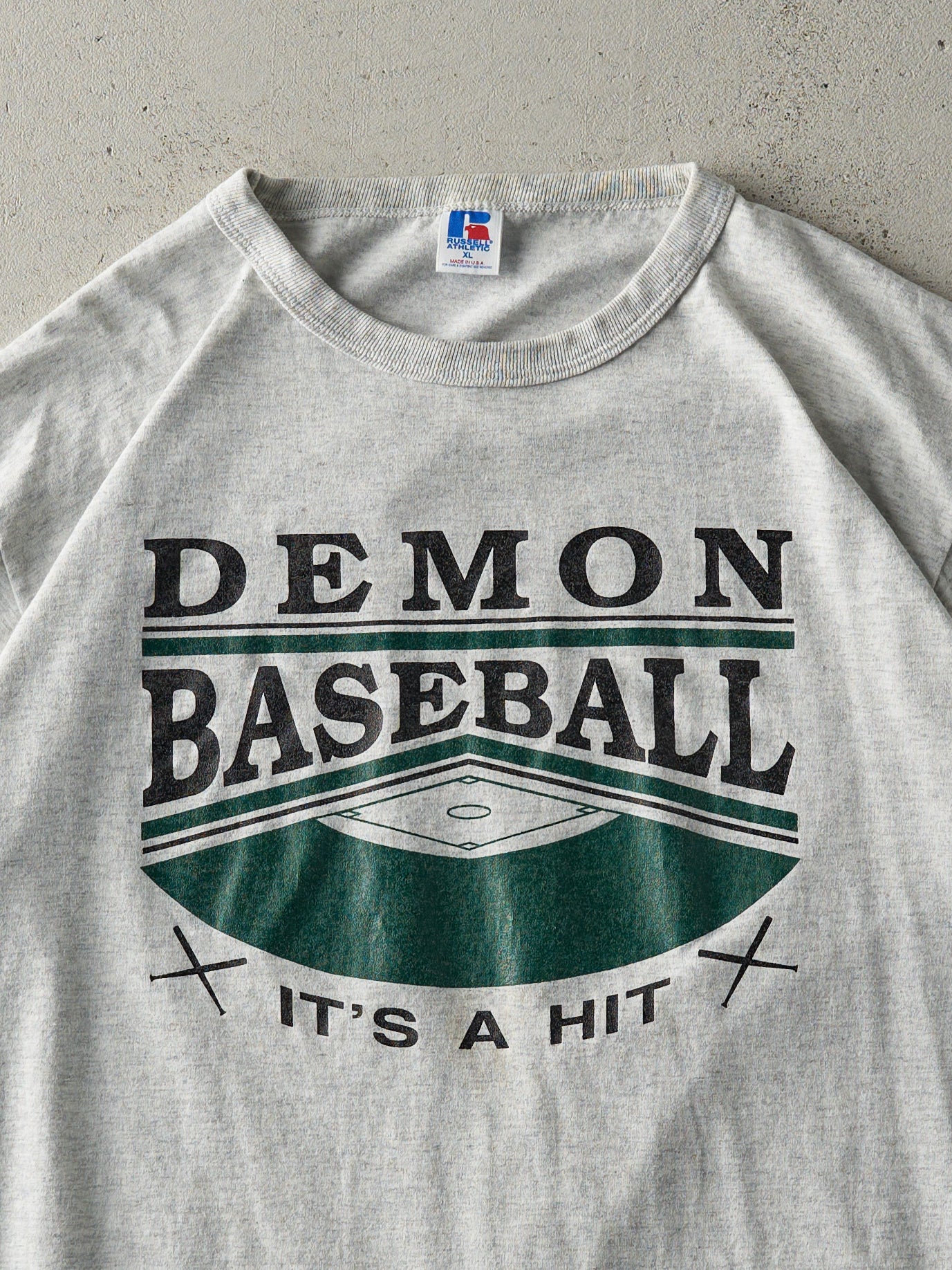 Vintage 90s Heather Grey Demon Baseball Russell Athletic Tee (L)