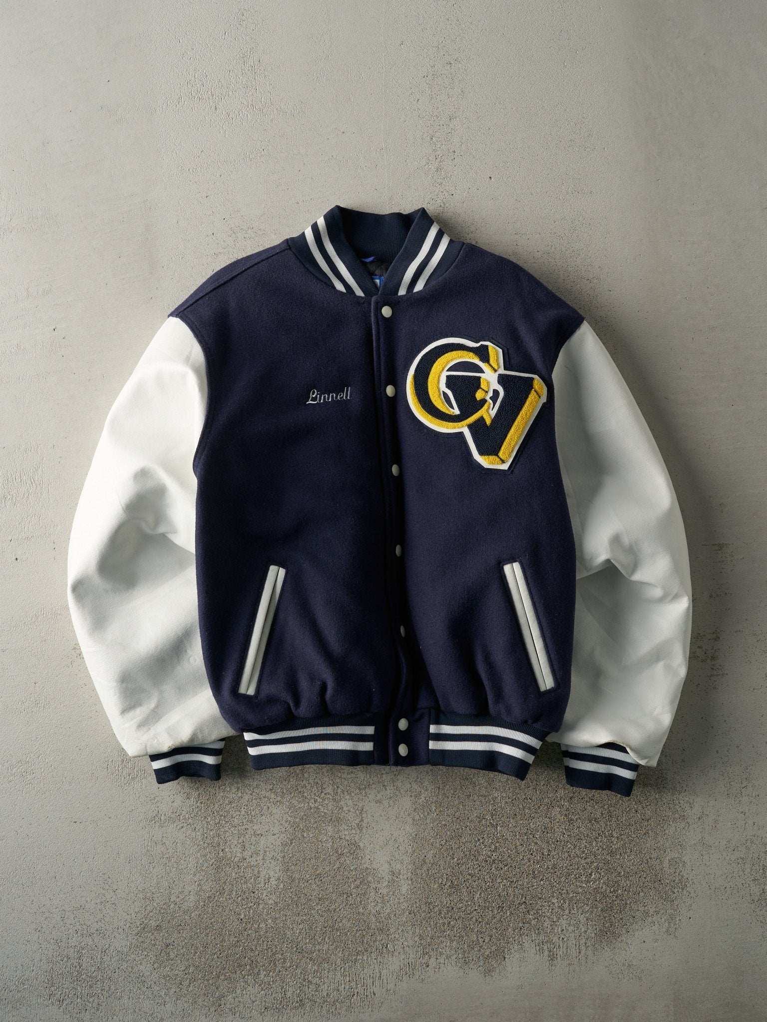 Vintage 90s Navy Blue & White Wool & Leather Varsity Jacket (L)
