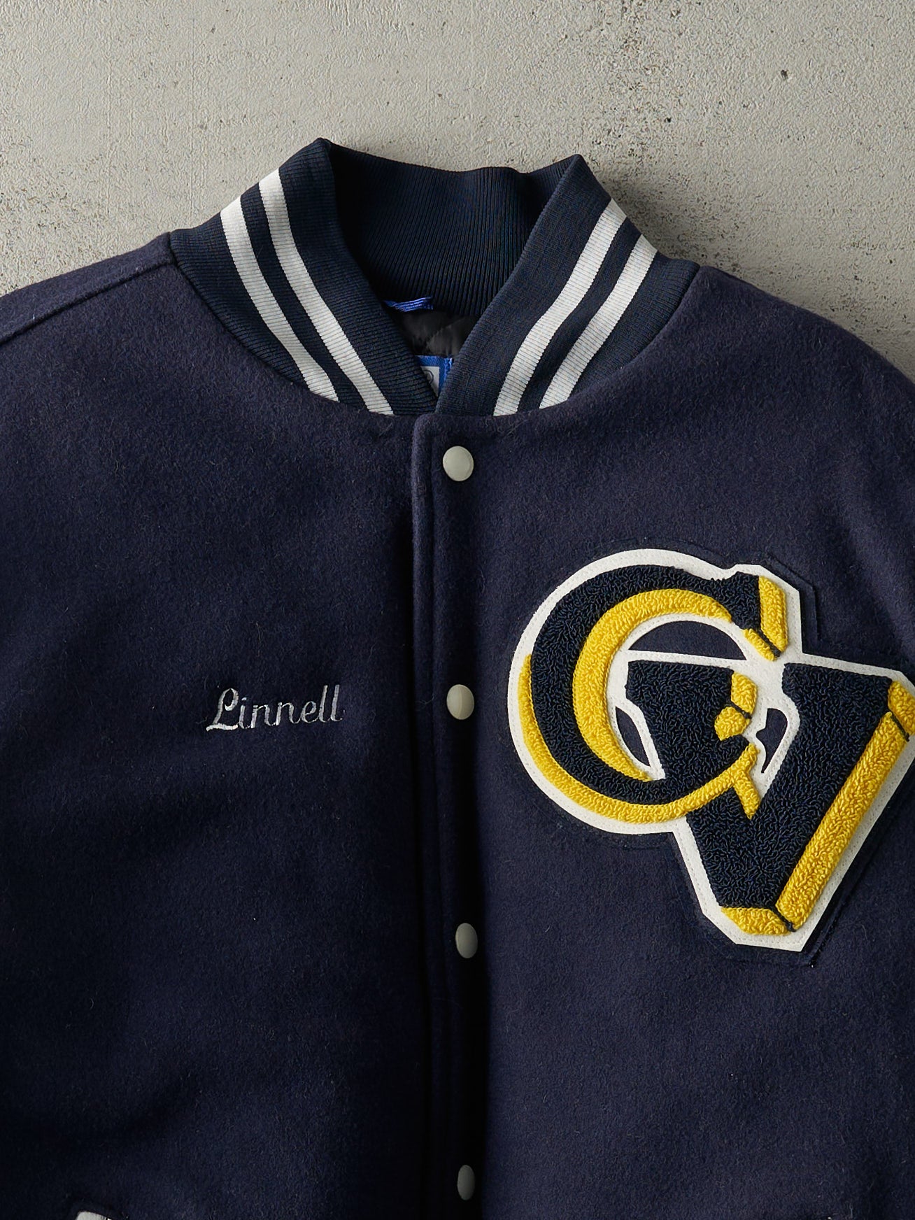 Vintage 90s Navy Blue & White Wool & Leather Varsity Jacket (L)